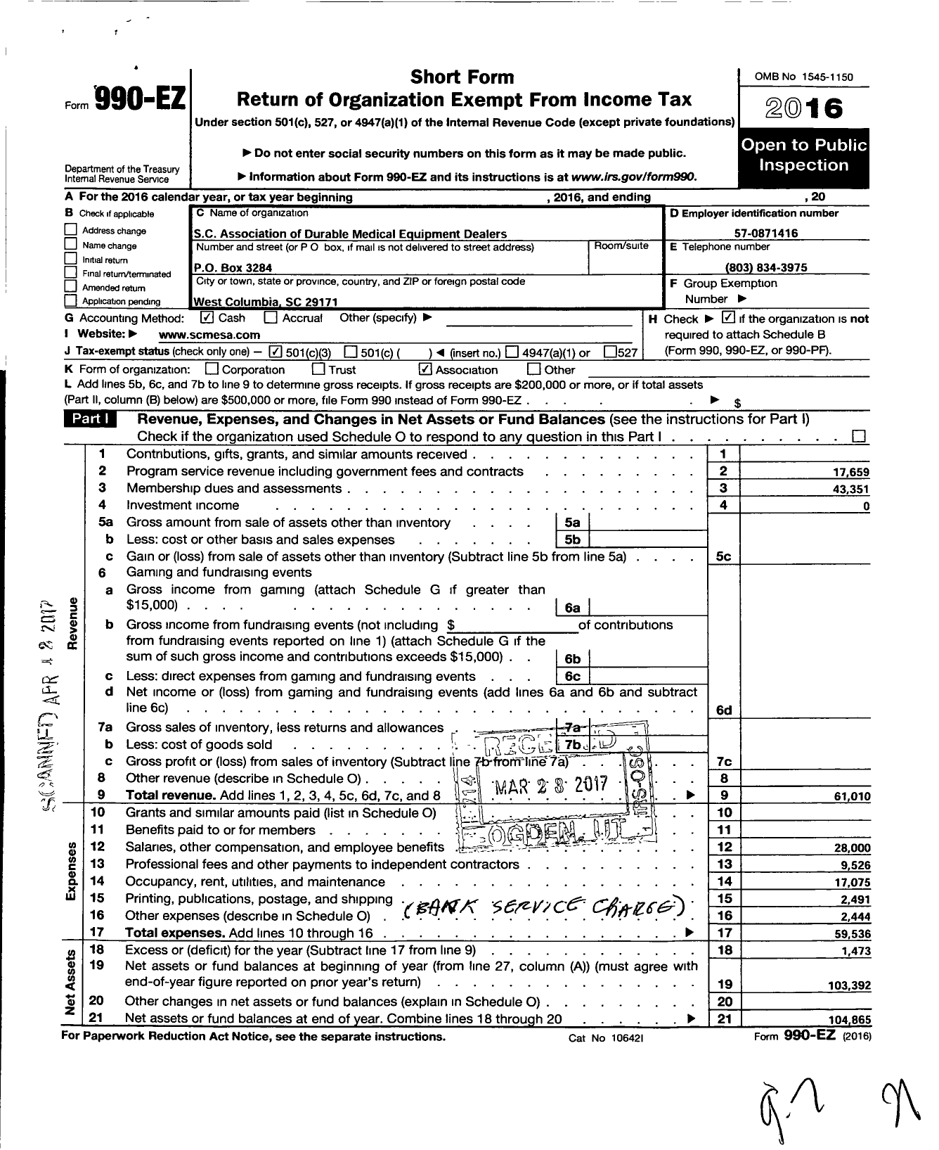 Image of first page of 2016 Form 990EZ for S C Association of Durable Medical Equipment Dealers