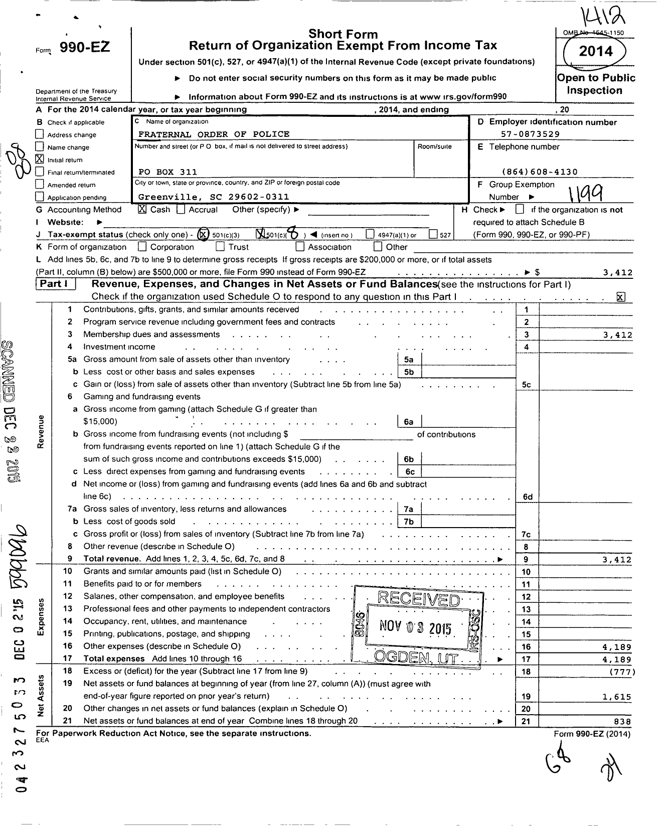 Image of first page of 2014 Form 990EO for Fraternal Order of Police - 17 Greenville County Lodge