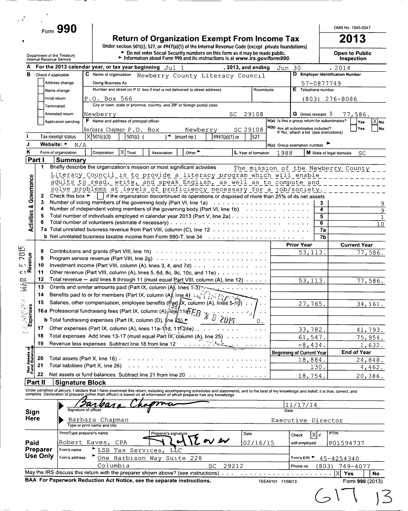 Image of first page of 2013 Form 990 for Newberry County Literacy Council