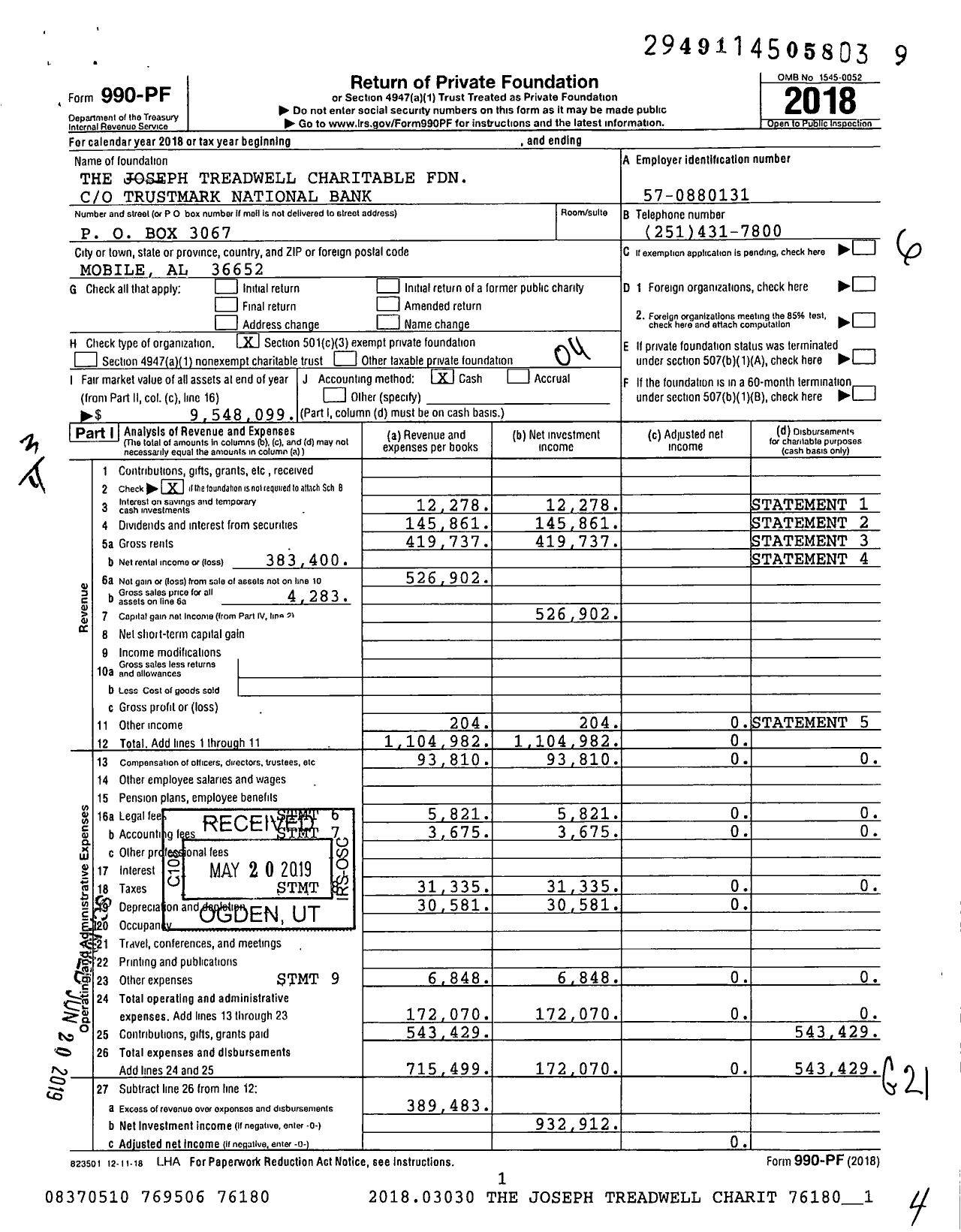 Image of first page of 2018 Form 990PF for The Joseph Treadwell Charitable Foundation