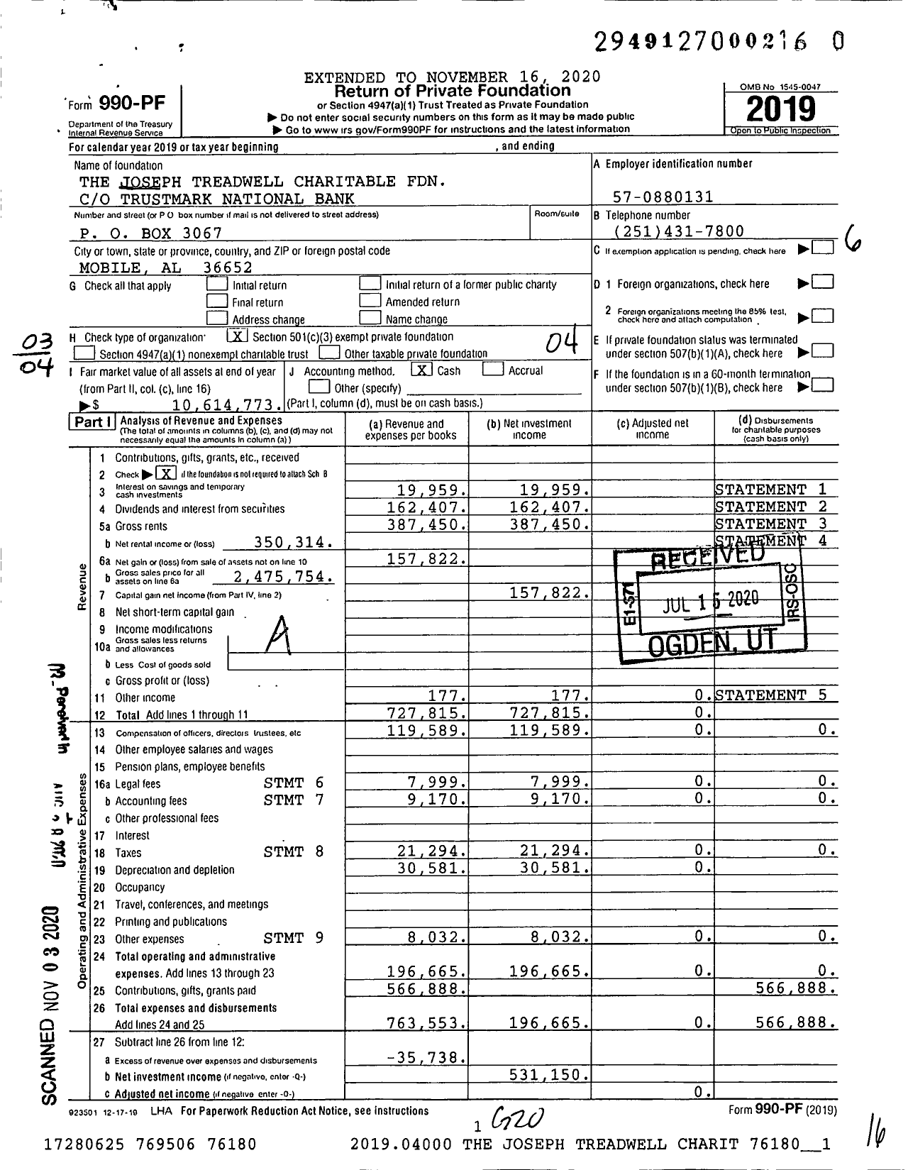 Image of first page of 2019 Form 990PF for The Joseph Treadwell Charitable Foundation