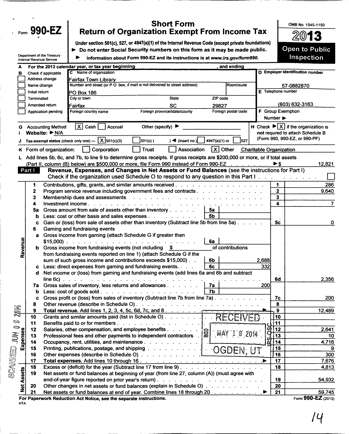 Image of first page of 2013 Form 990EZ for Fairfax Town Library