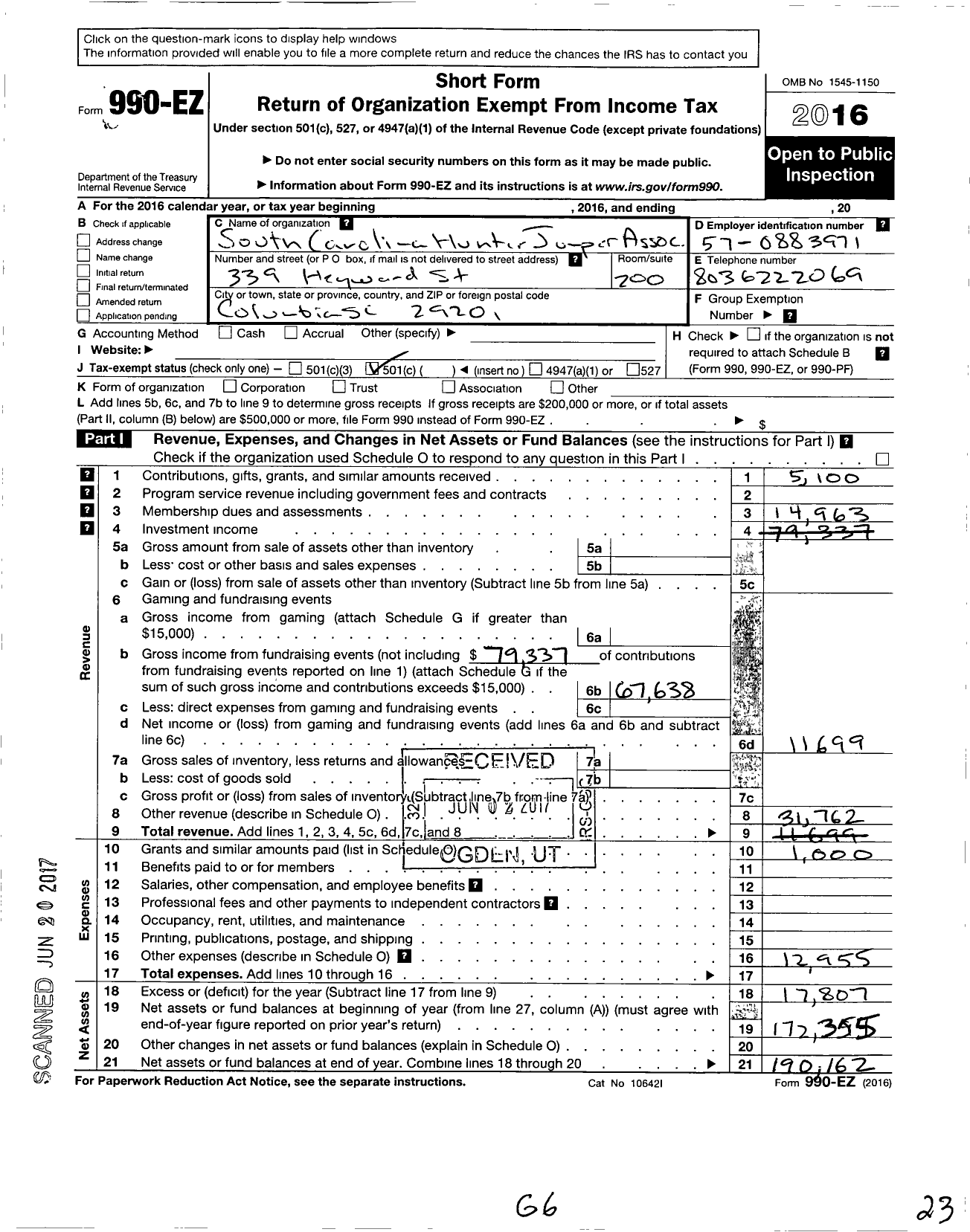 Image of first page of 2016 Form 990EO for South Carolina Hunter Jumper Association