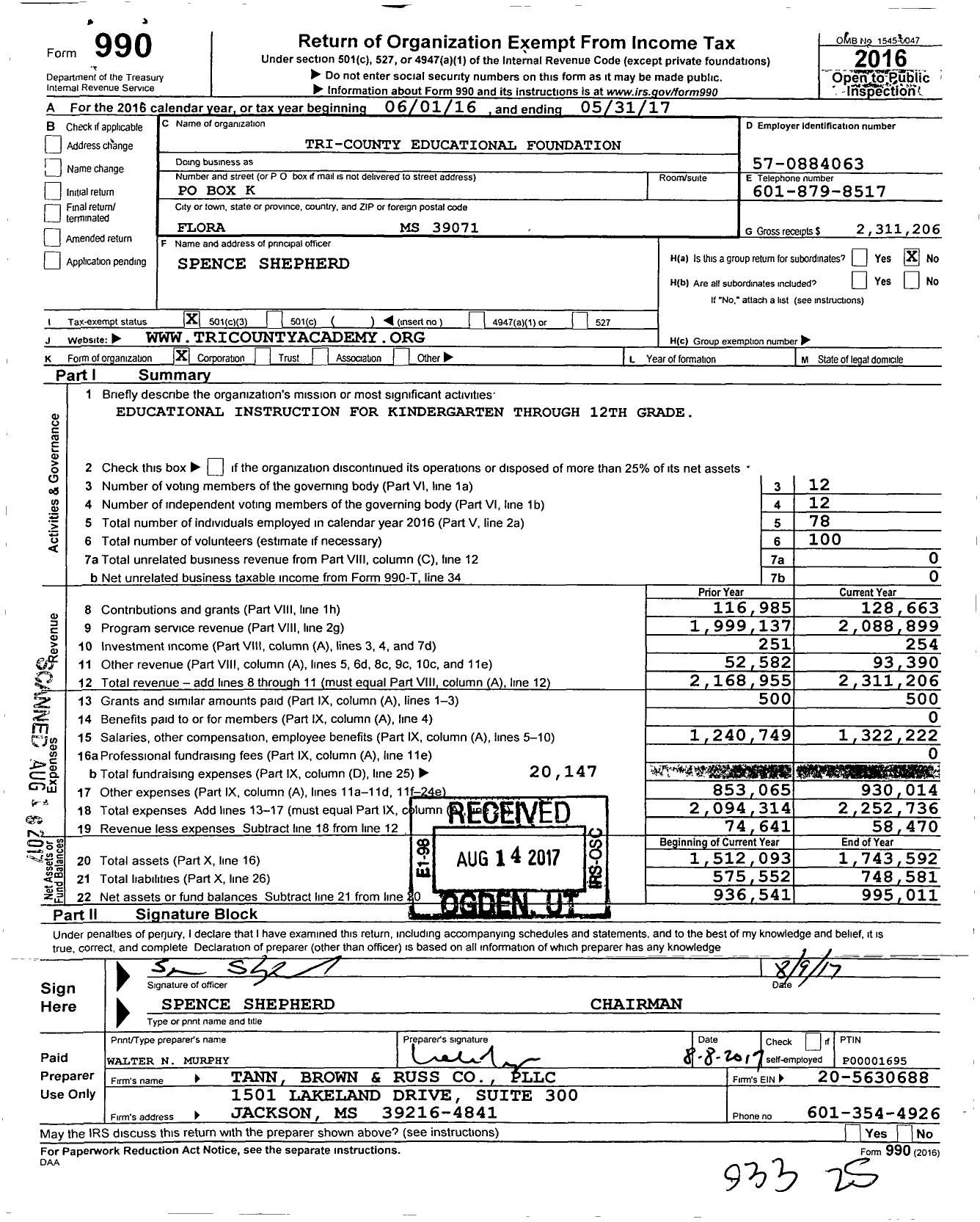 Image of first page of 2016 Form 990 for Tri-County Educational Foundation