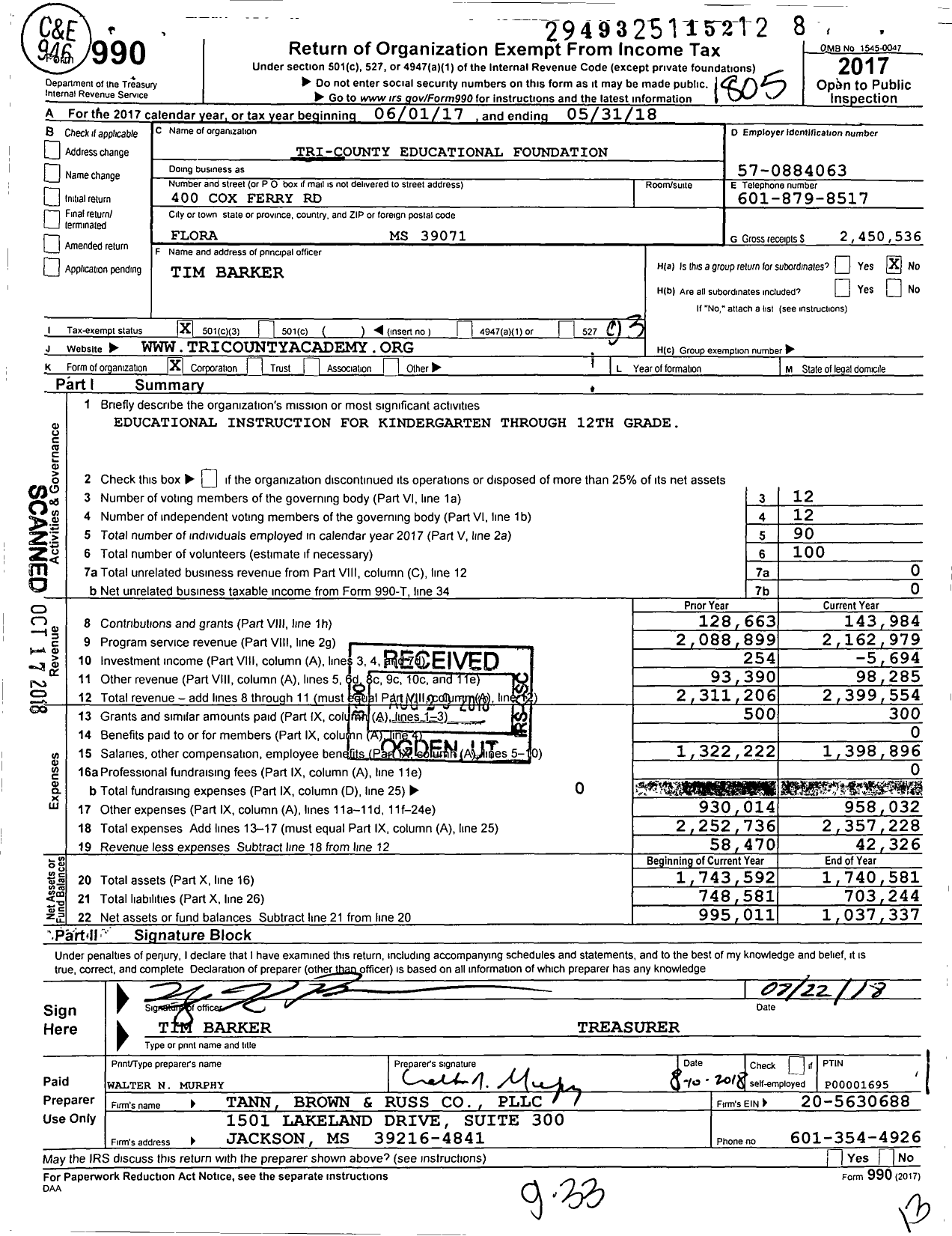Image of first page of 2017 Form 990 for Tri-County Educational Foundation