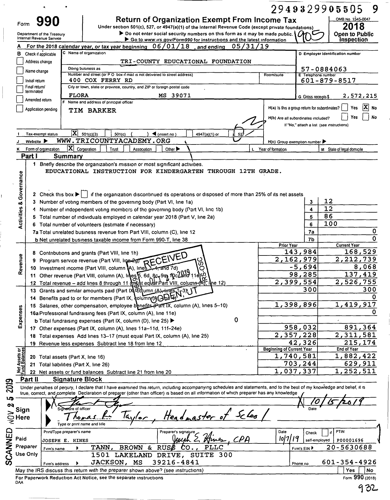 Image of first page of 2018 Form 990 for Tri-County Educational Foundation