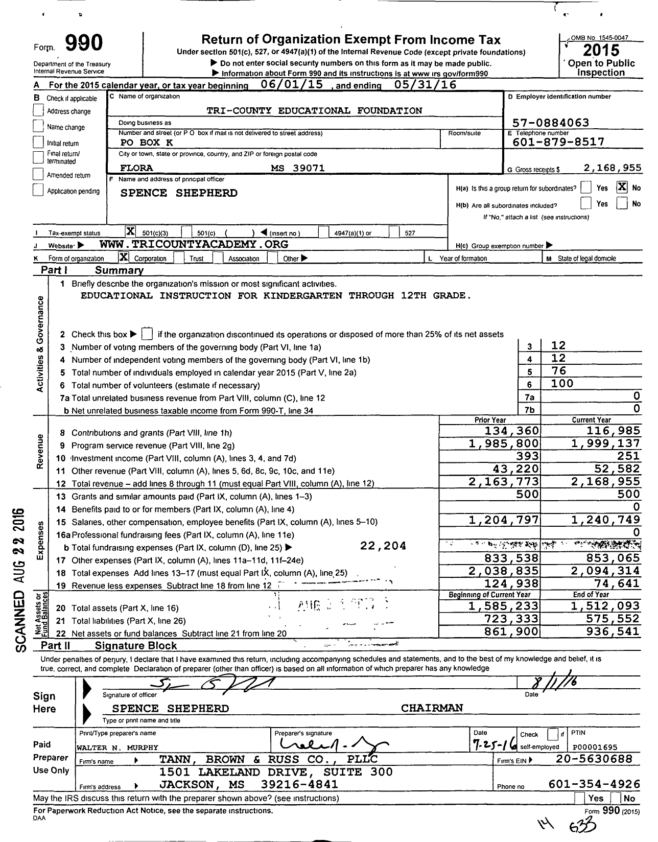 Image of first page of 2015 Form 990 for Tri-County Educational Foundation