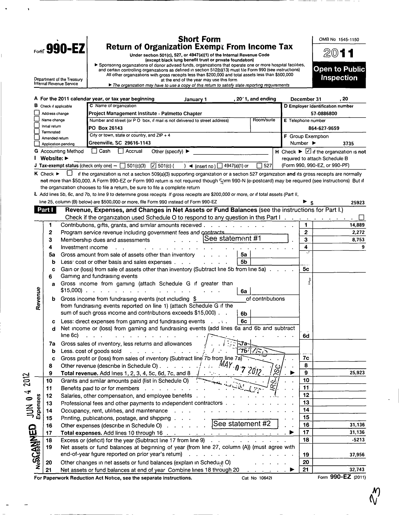 Image of first page of 2011 Form 990EO for Project Management Institute / Palmetto Chapter