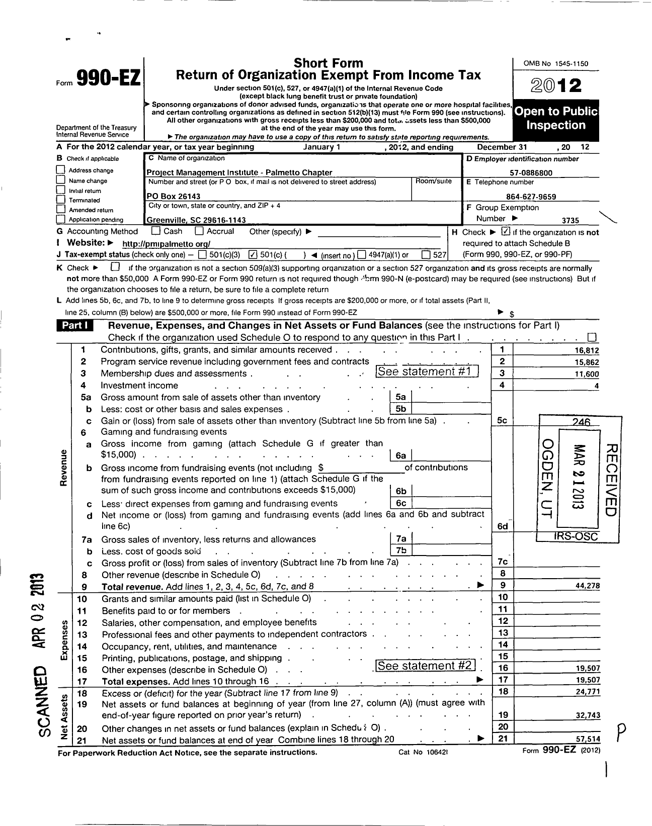 Image of first page of 2012 Form 990EO for Project Management Institute / Palmetto Chapter