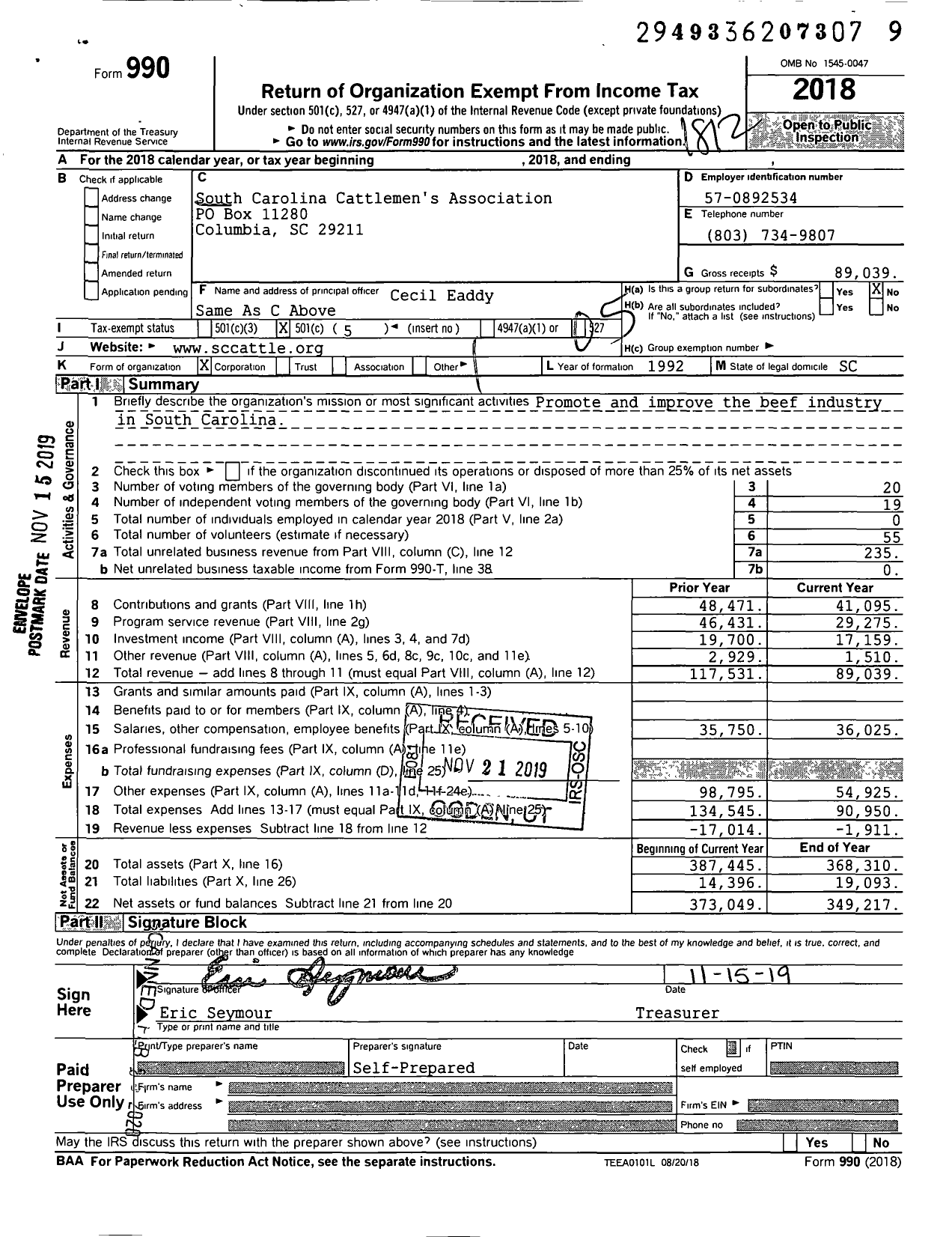 Image of first page of 2018 Form 990O for South Carolina Cattlemens Association