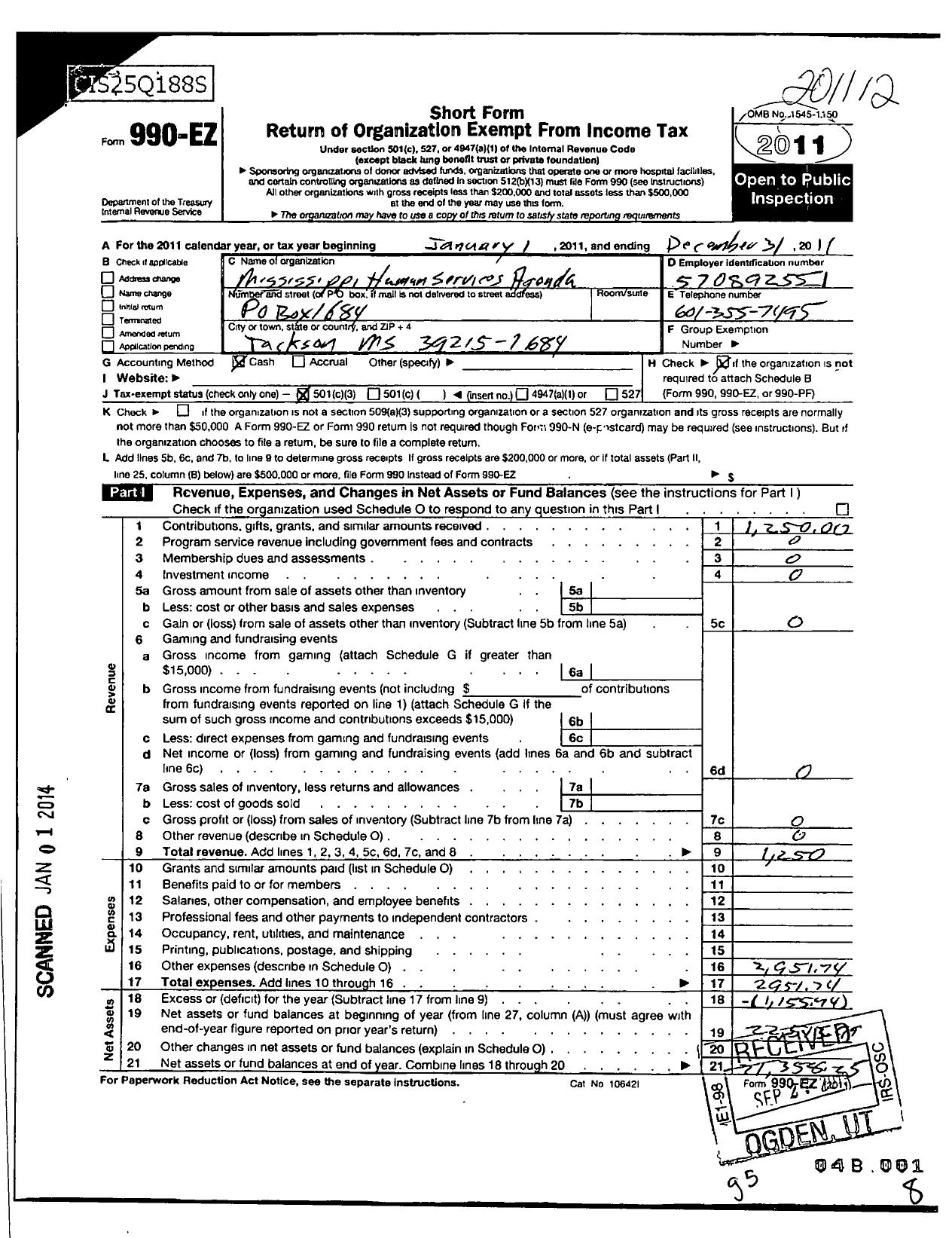 Image of first page of 2011 Form 990EZ for Mississippi Human Services Agenda