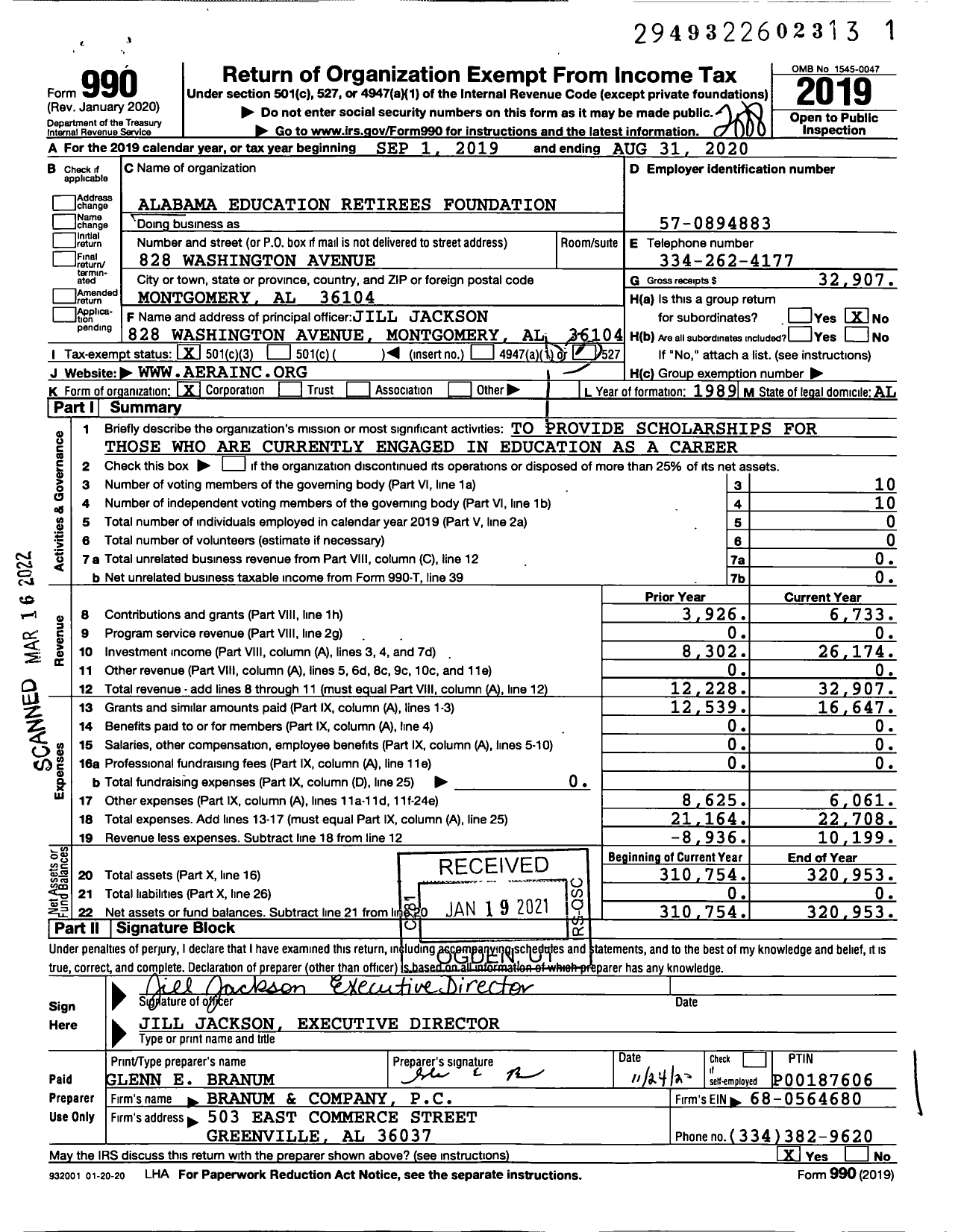 Image of first page of 2019 Form 990 for Alabama Education Retirees Foundation