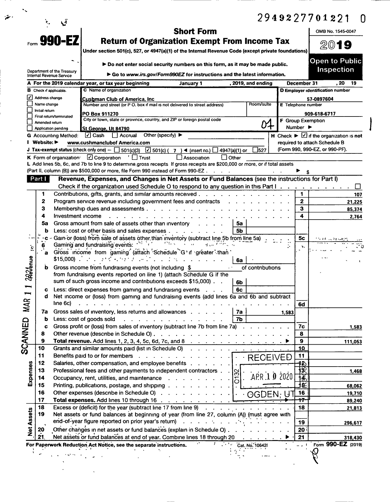 Image of first page of 2019 Form 990EO for Cushman Club of America