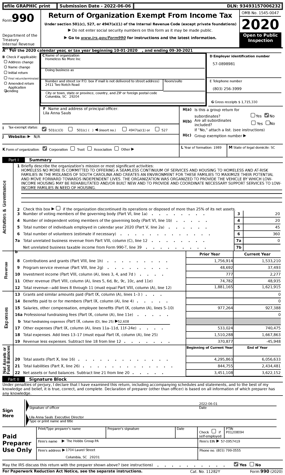 Image of first page of 2020 Form 990 for Homeless No More