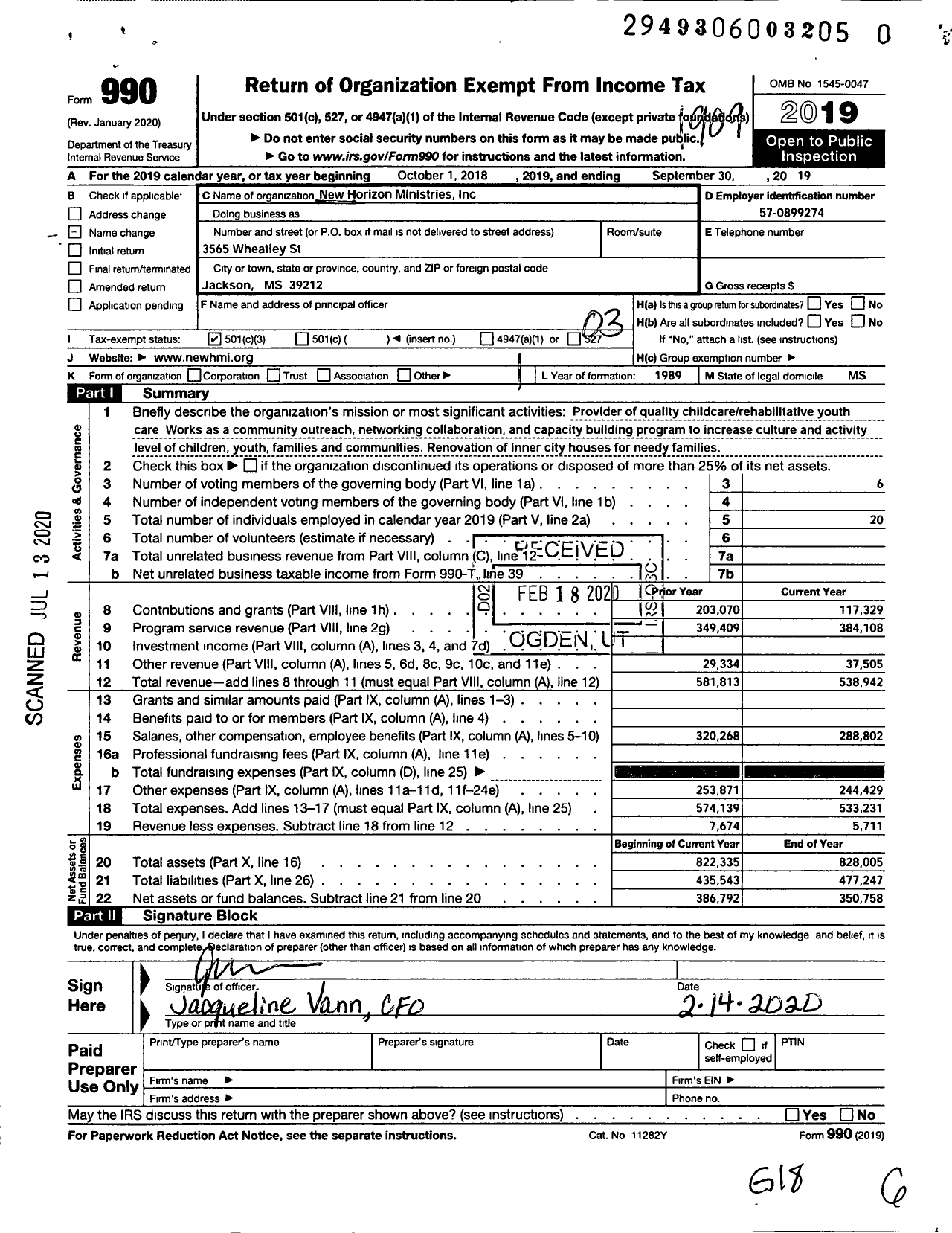 Image of first page of 2018 Form 990 for New Horizon Ministries