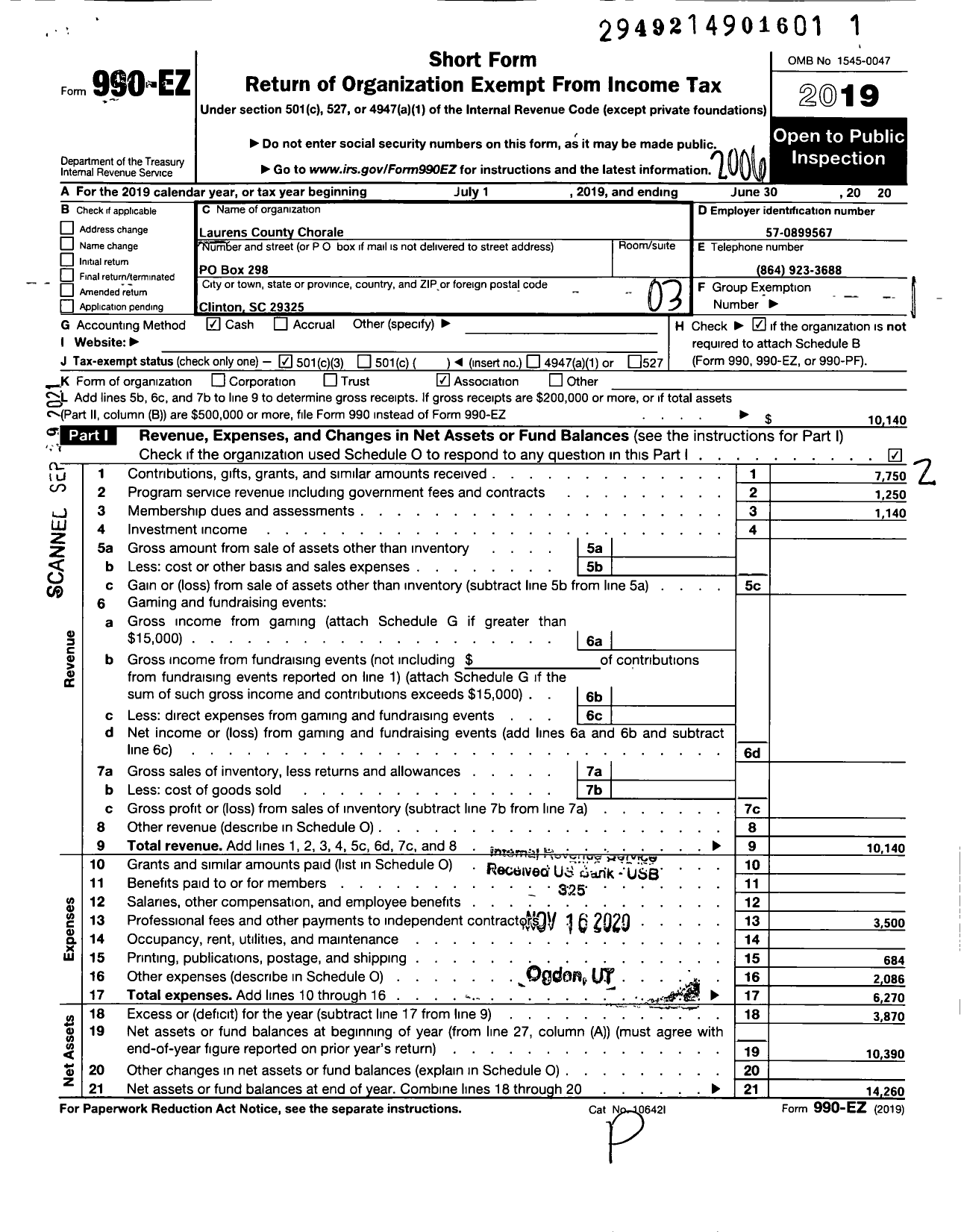 Image of first page of 2019 Form 990EZ for Laurens County Chorale