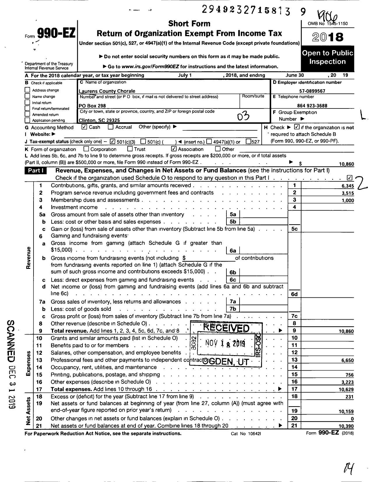 Image of first page of 2018 Form 990EZ for Laurens County Chorale