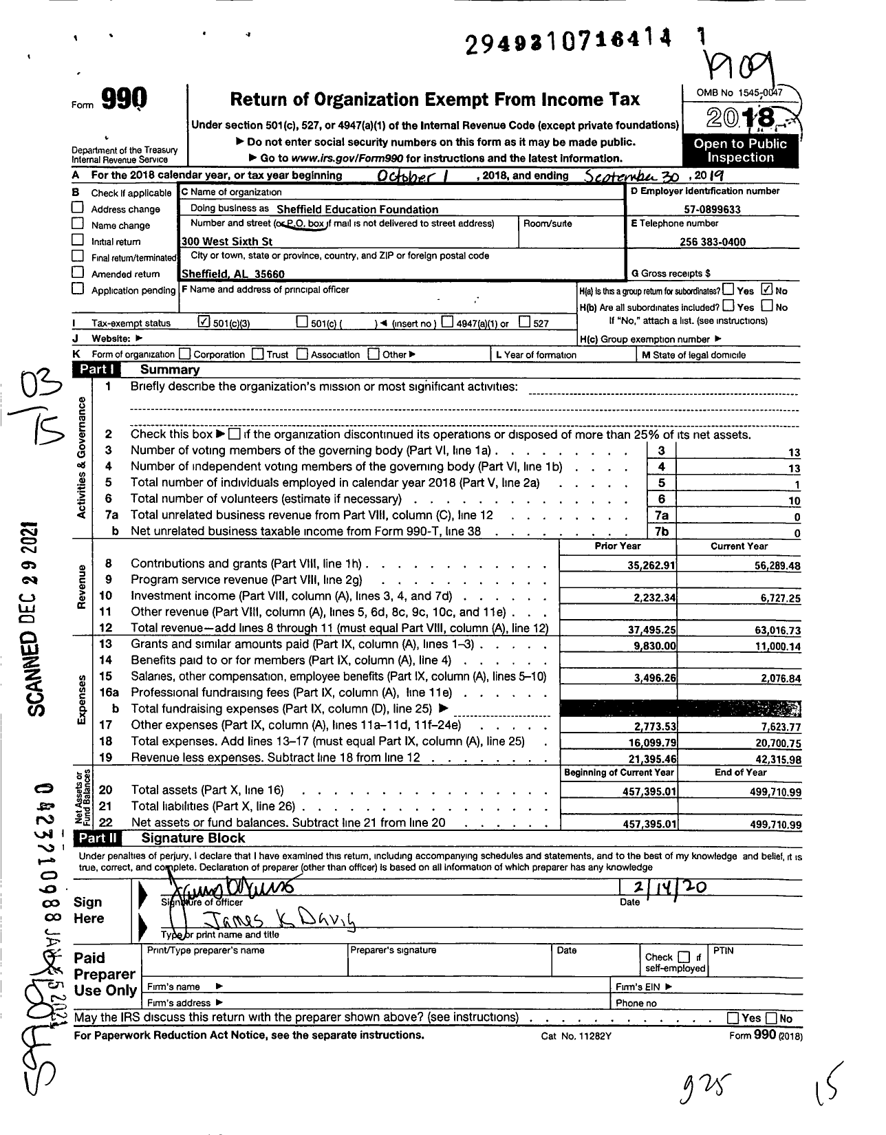 Image of first page of 2018 Form 990 for Sheffield Education Foundation