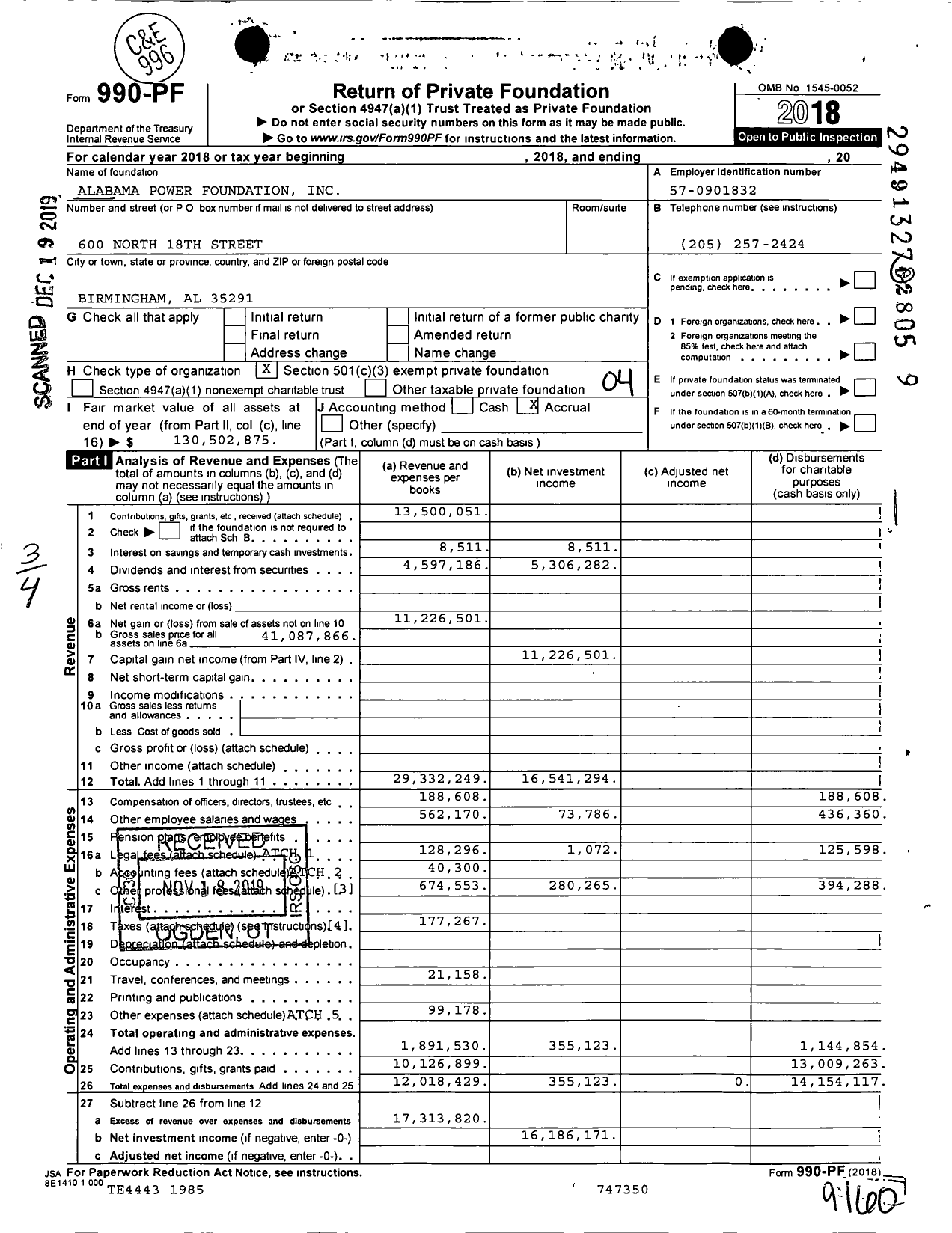 Image of first page of 2018 Form 990PF for Alabama Power Foundation