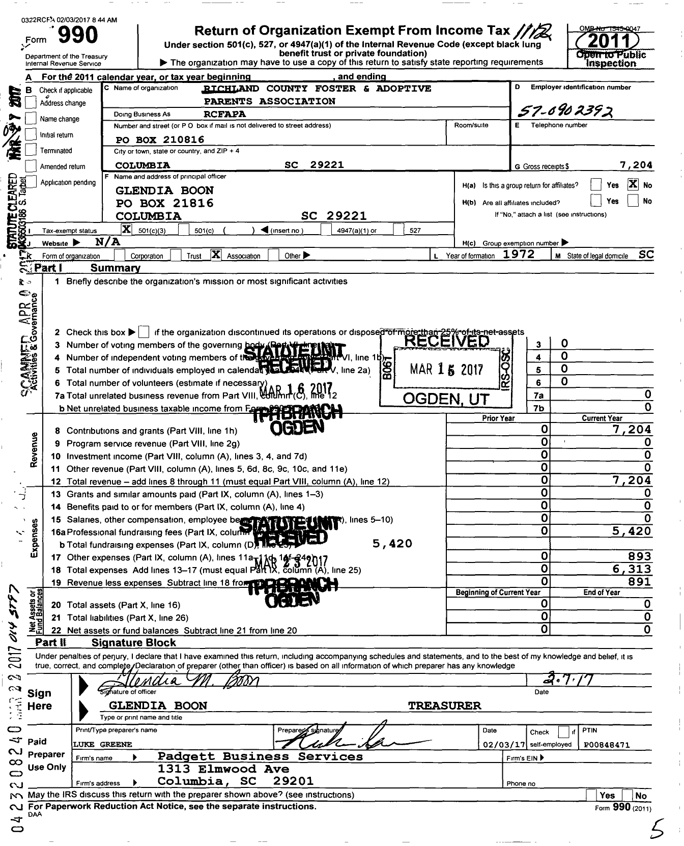 Image of first page of 2011 Form 990 for Richland County Foster Parent Association