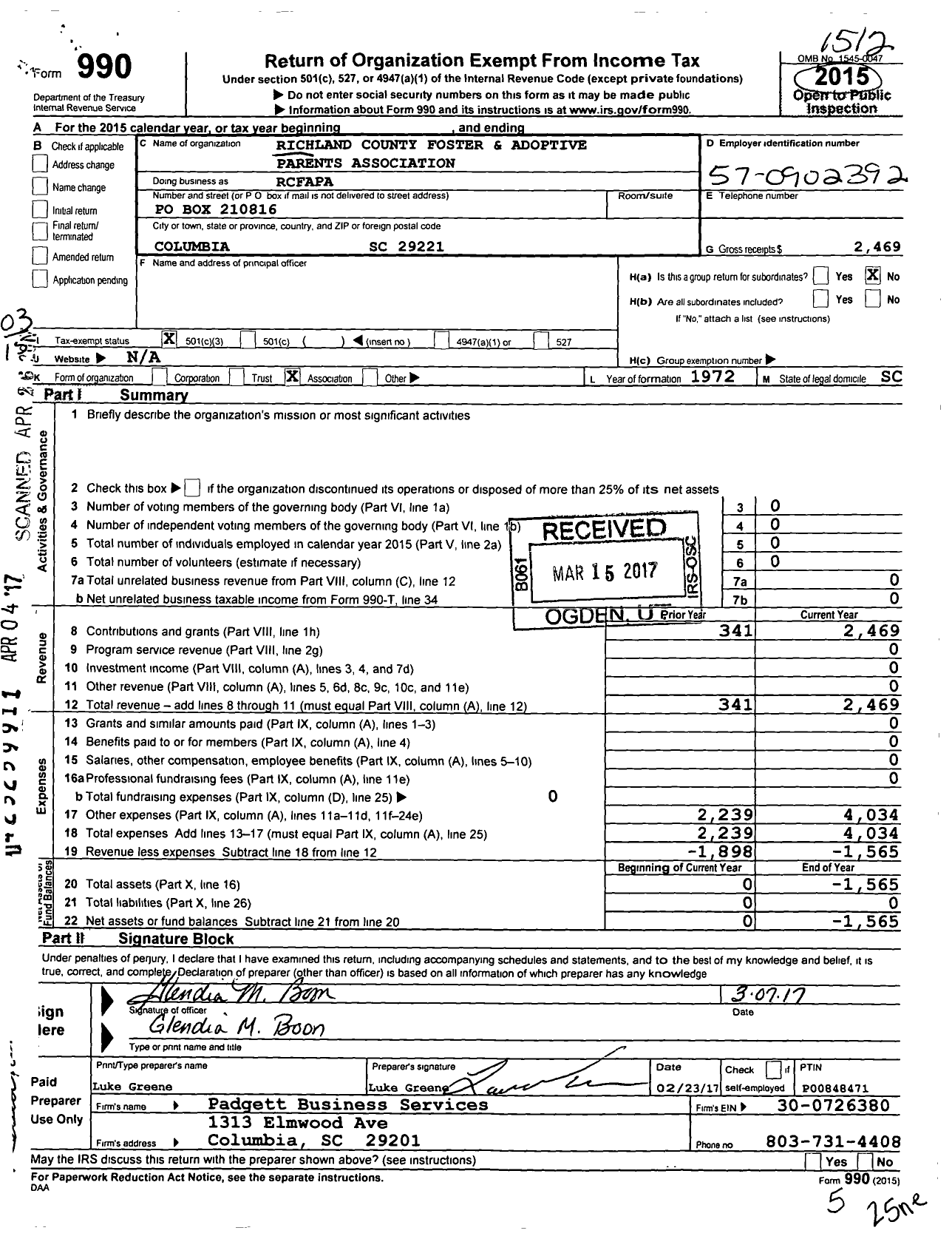 Image of first page of 2015 Form 990 for Richland County Foster Parent Association