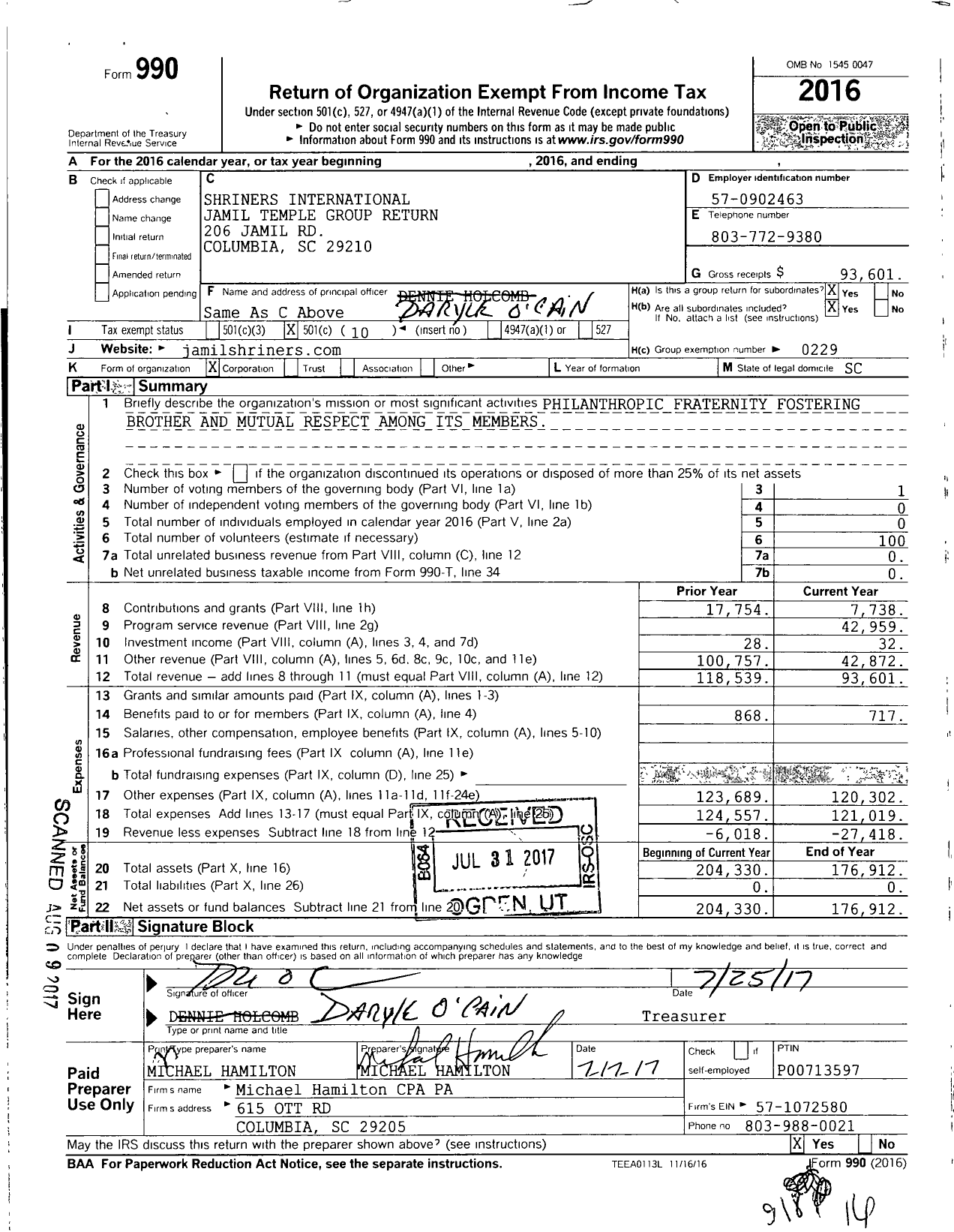 Image of first page of 2016 Form 990O for Shriners International - Jamil Shriners Group Return