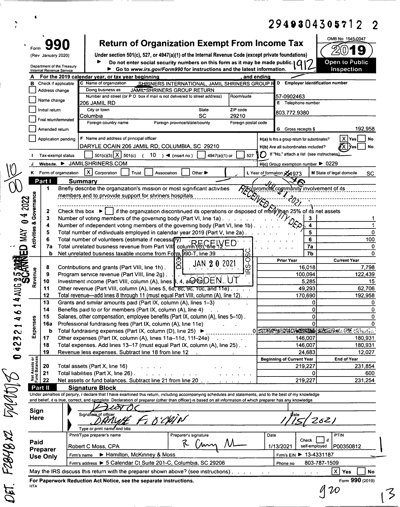 Image of first page of 2019 Form 990O for Shriners International - Jamil Shriners Group Return