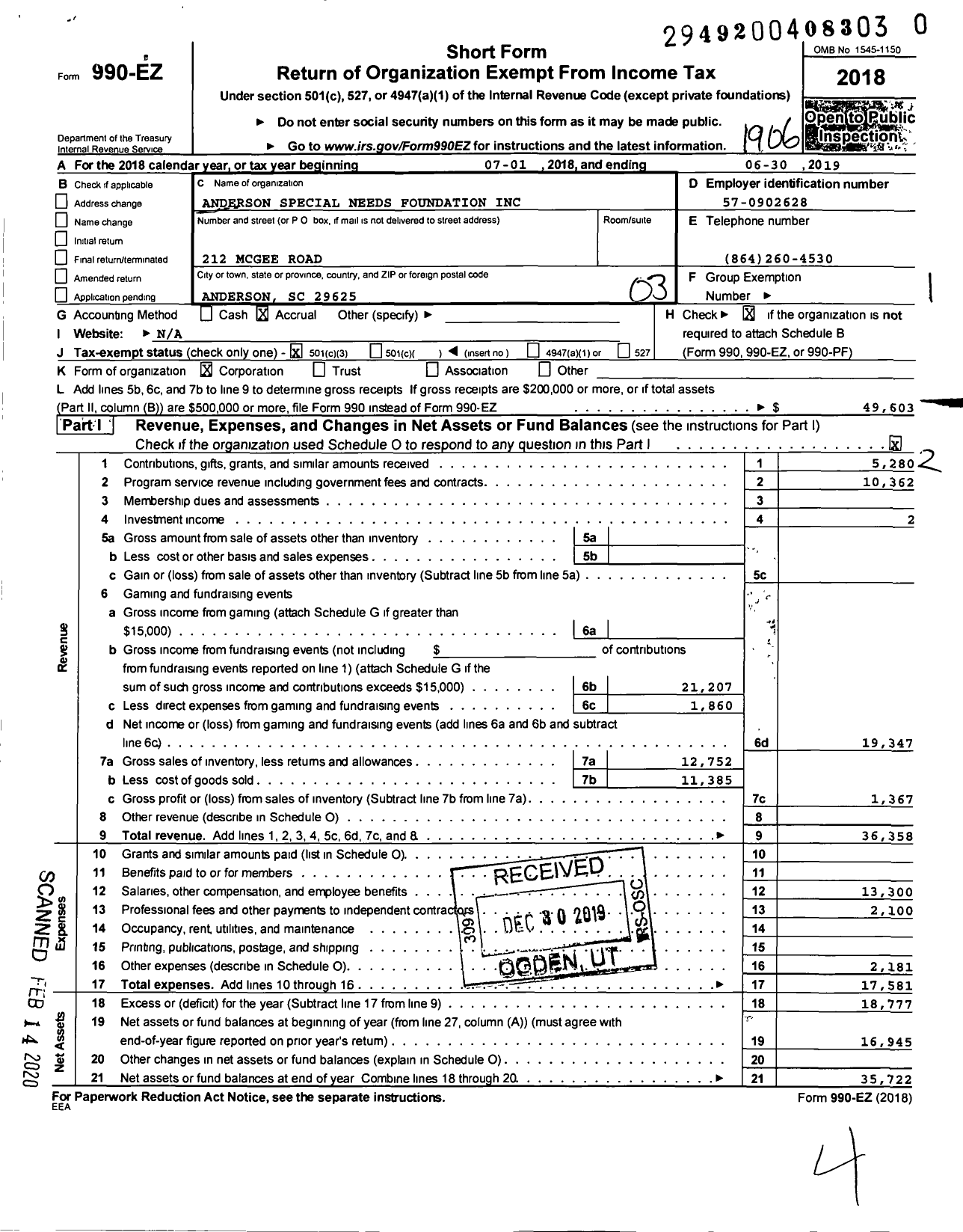 Image of first page of 2018 Form 990EZ for Anderson Special Needs Foundation