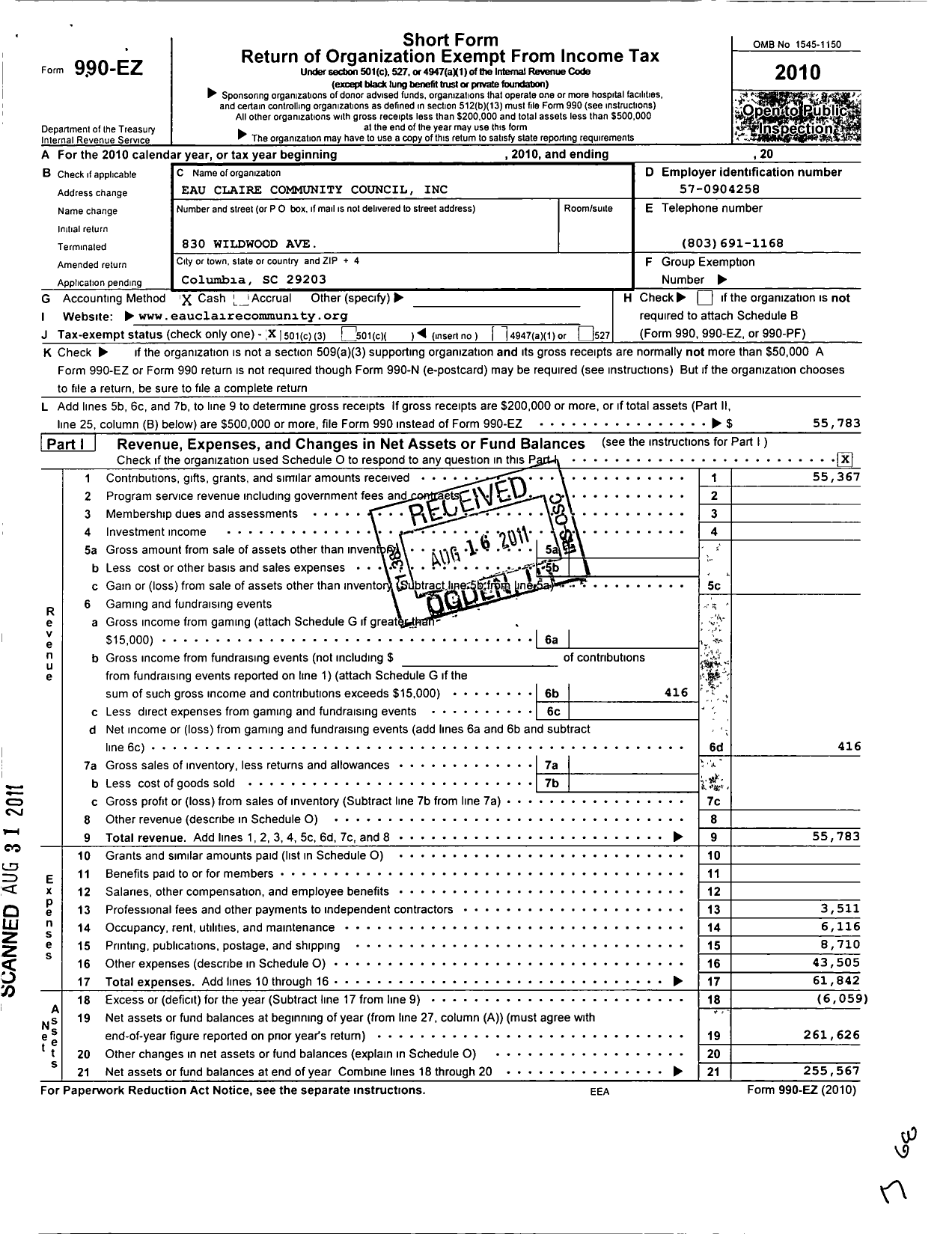 Image of first page of 2010 Form 990EZ for Eau Claire Community Council