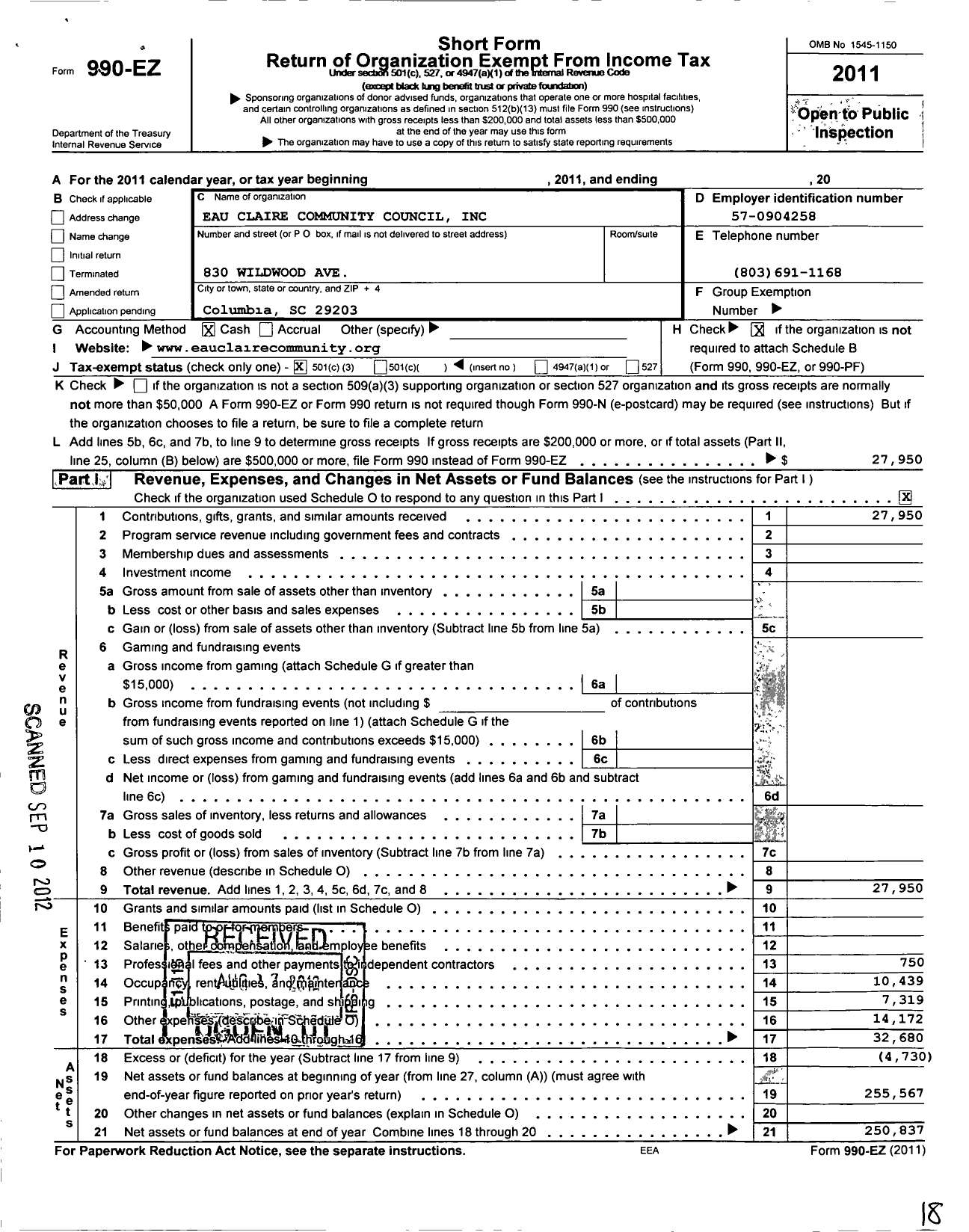 Image of first page of 2011 Form 990EZ for Eau Claire Community Council