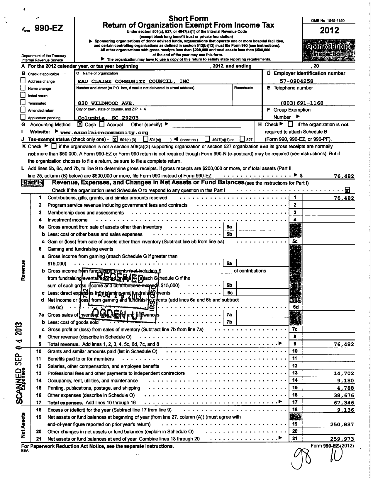 Image of first page of 2012 Form 990EZ for Eau Claire Community Council