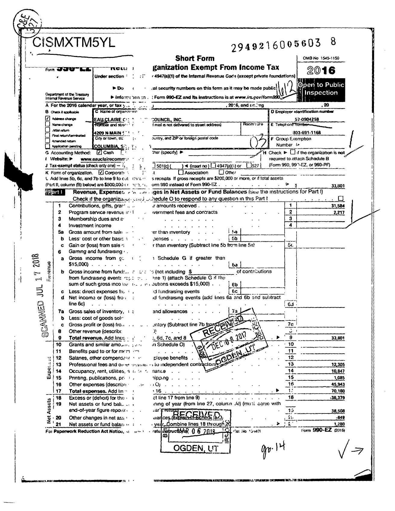 Image of first page of 2016 Form 990EZ for Eau Claire Community Council