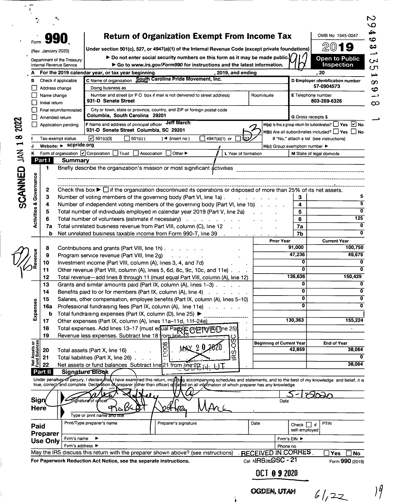 Image of first page of 2019 Form 990 for South Carolina Pride Movement