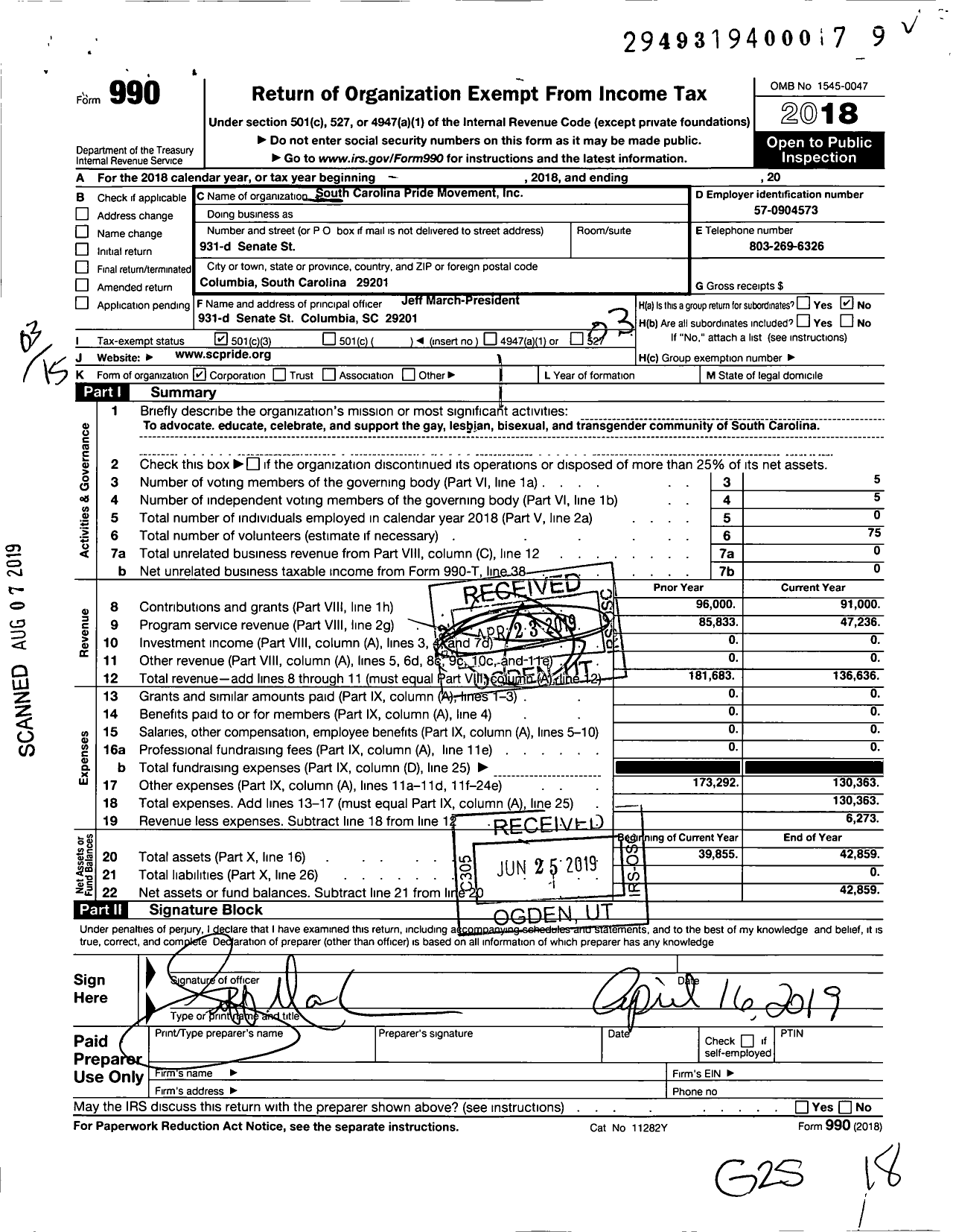 Image of first page of 2018 Form 990 for South Carolina Pride Movement