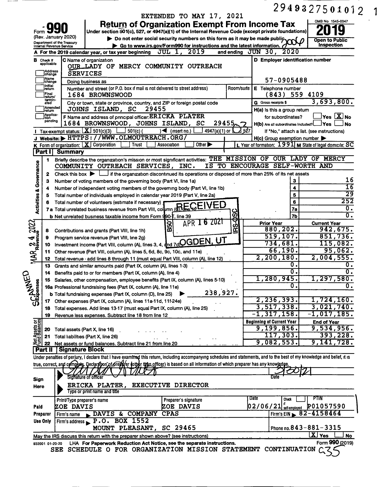 Image of first page of 2019 Form 990 for Our Lady of Mercy Community Outreach Services