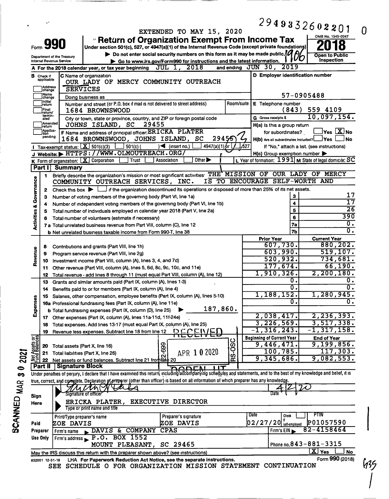 Image of first page of 2018 Form 990 for Our Lady of Mercy Community Outreach Services