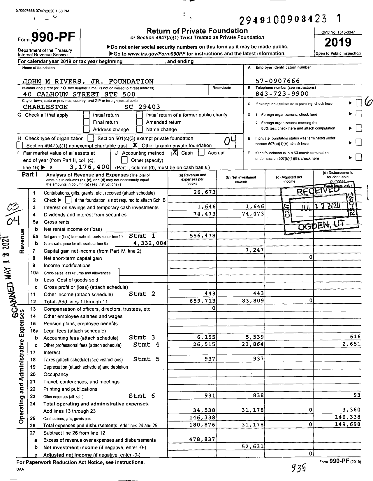 Image of first page of 2019 Form 990PF for John M Rivers JR Foundation