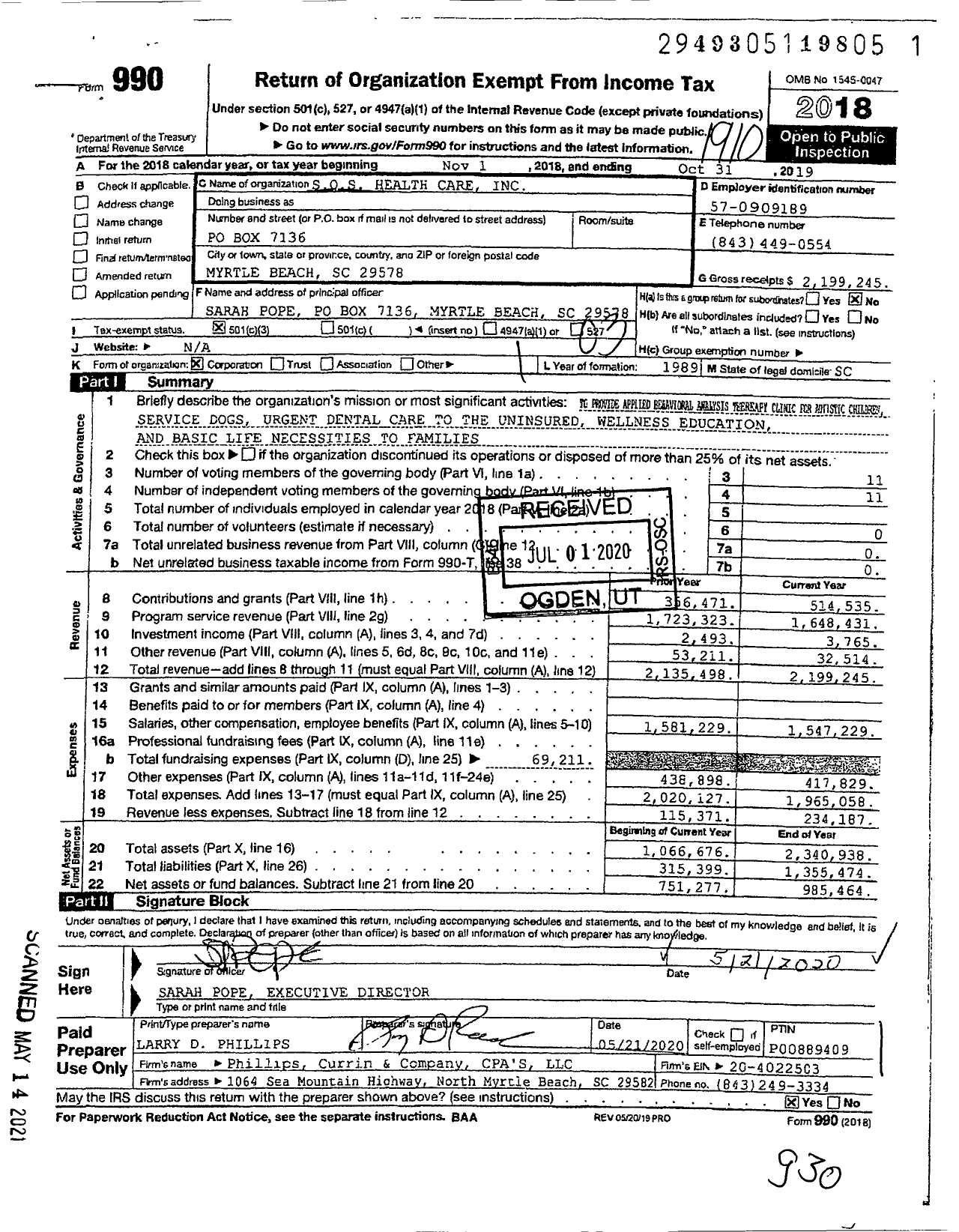 Image of first page of 2018 Form 990 for Sos Health Care