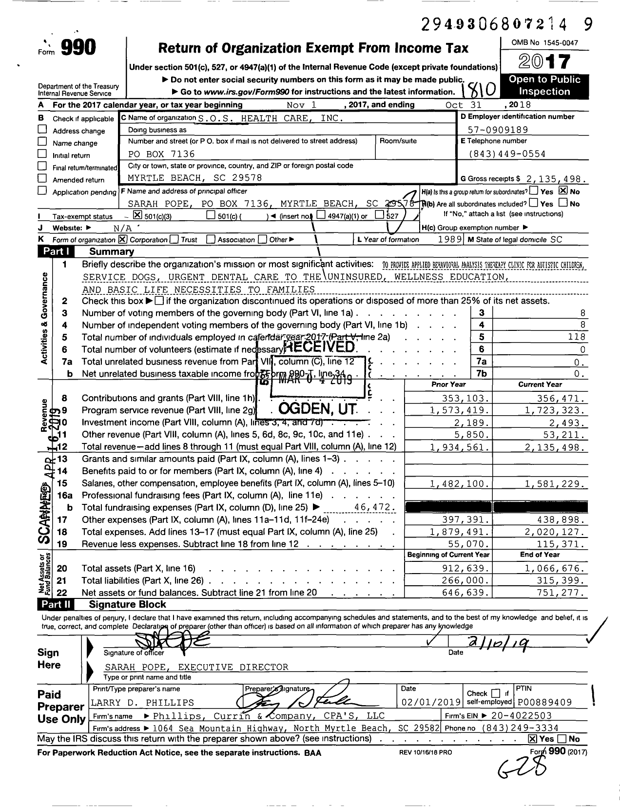 Image of first page of 2017 Form 990 for Sos Health Care