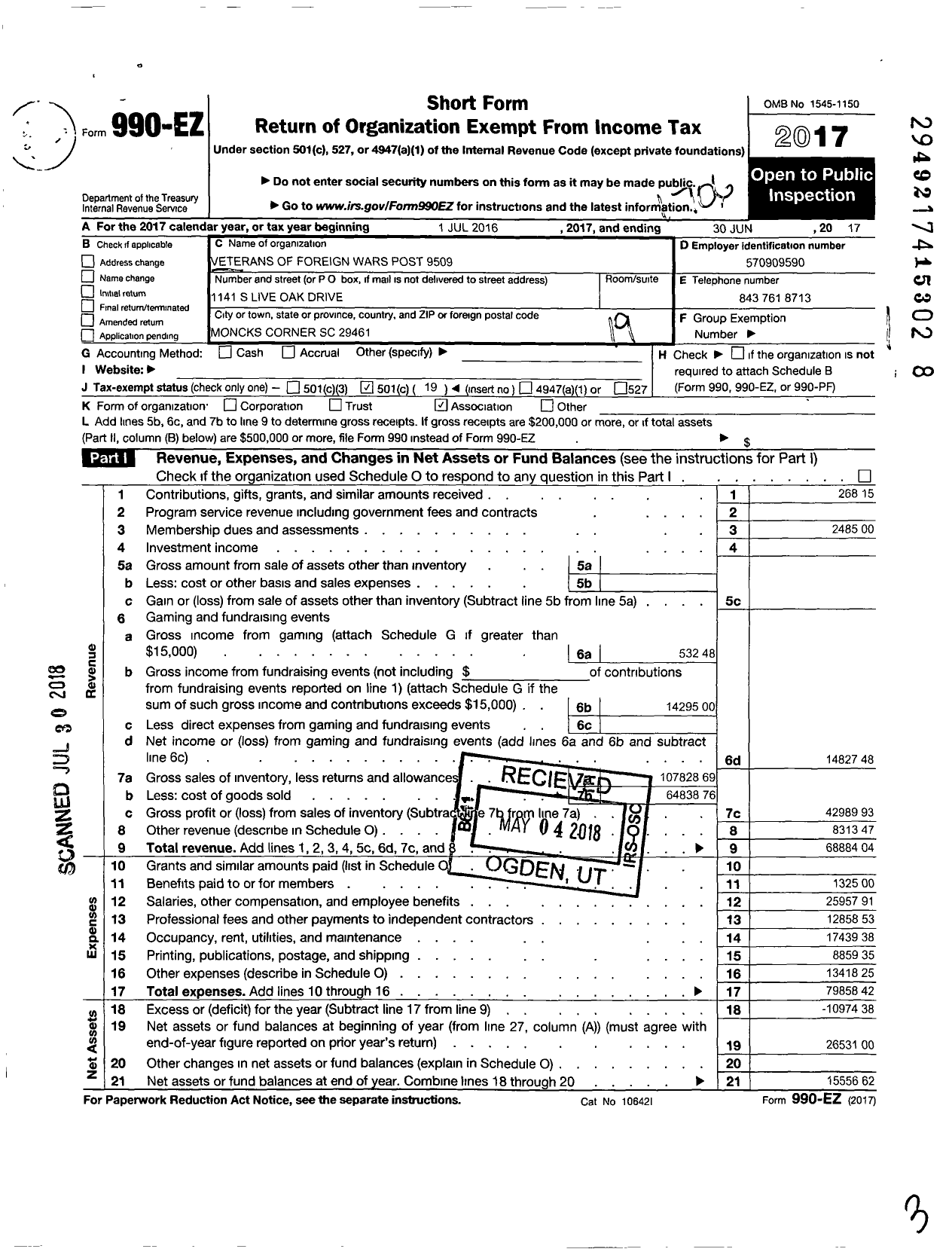 Image of first page of 2016 Form 990EO for Veterans of Foreign Wars Post 9509 - 9509 Moncks Corner Post