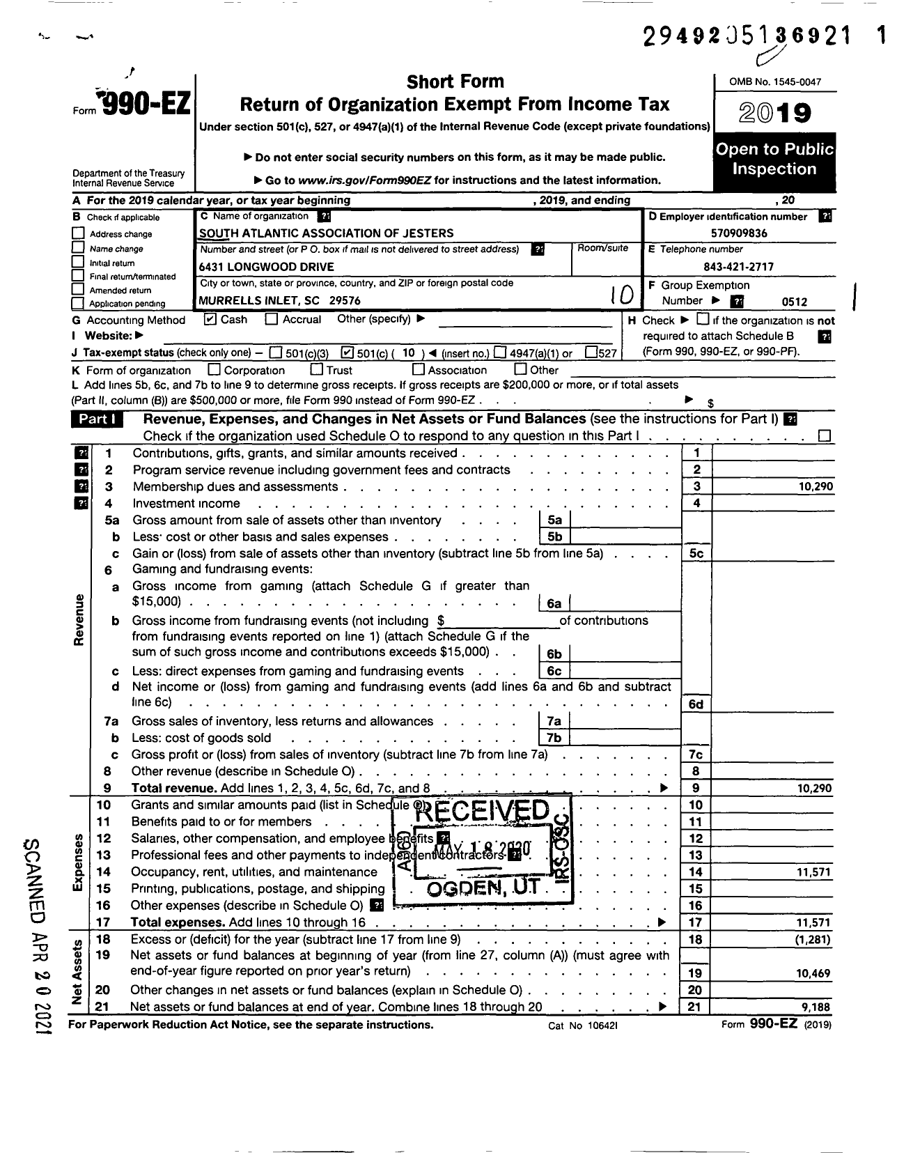 Image of first page of 2019 Form 990EO for South Atlantic Association of Jesters