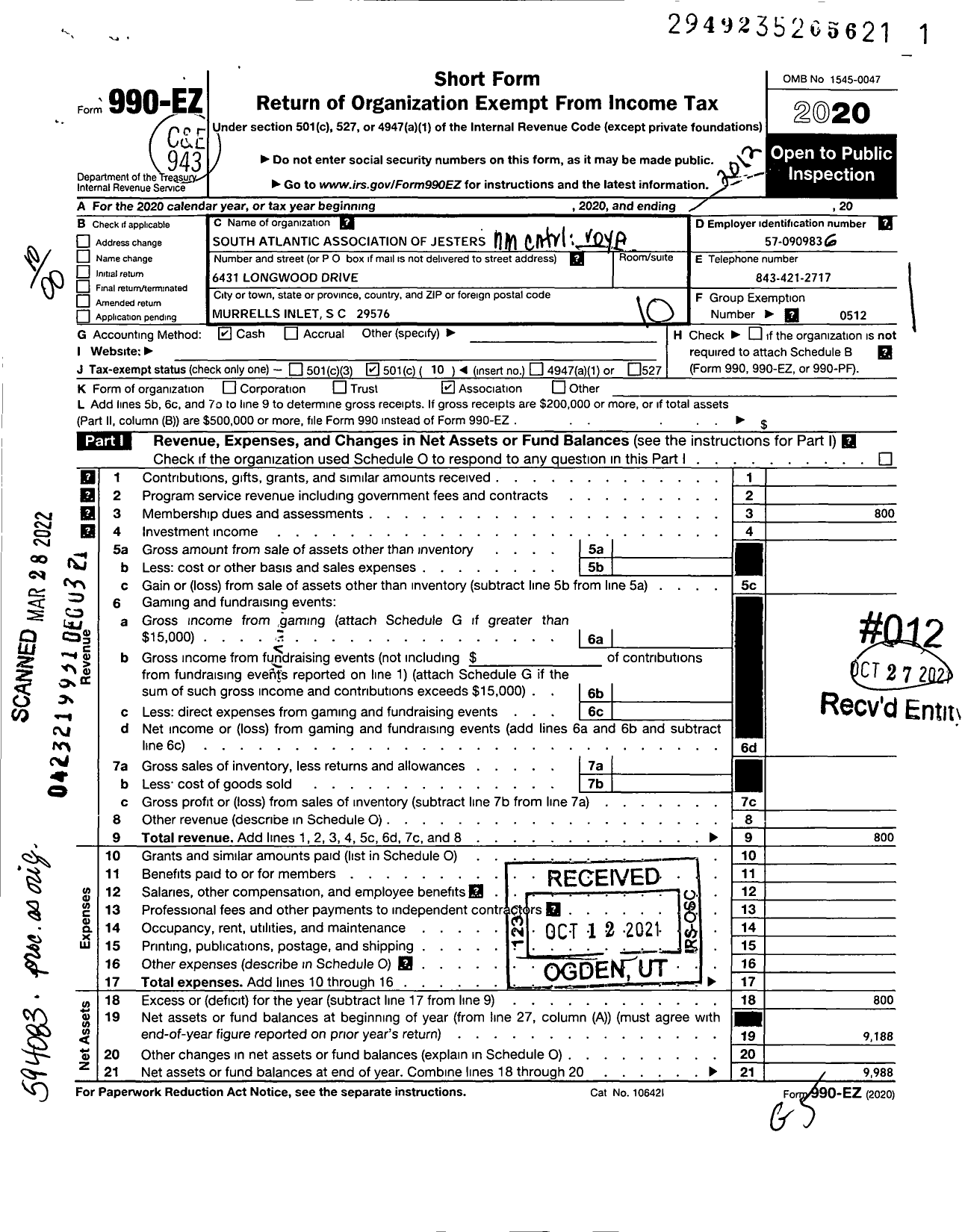 Image of first page of 2020 Form 990EO for South Atlantic Association of Jesters