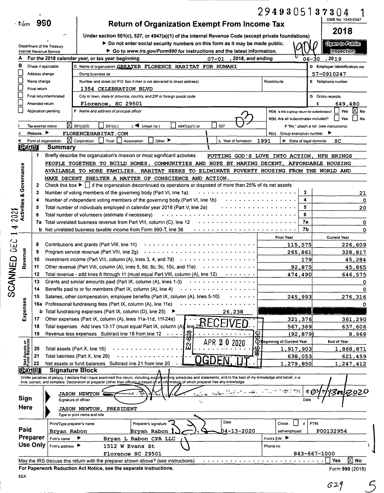 Image of first page of 2018 Form 990 for Habitat for Humanity - Greater Florence Habitat for Humanity