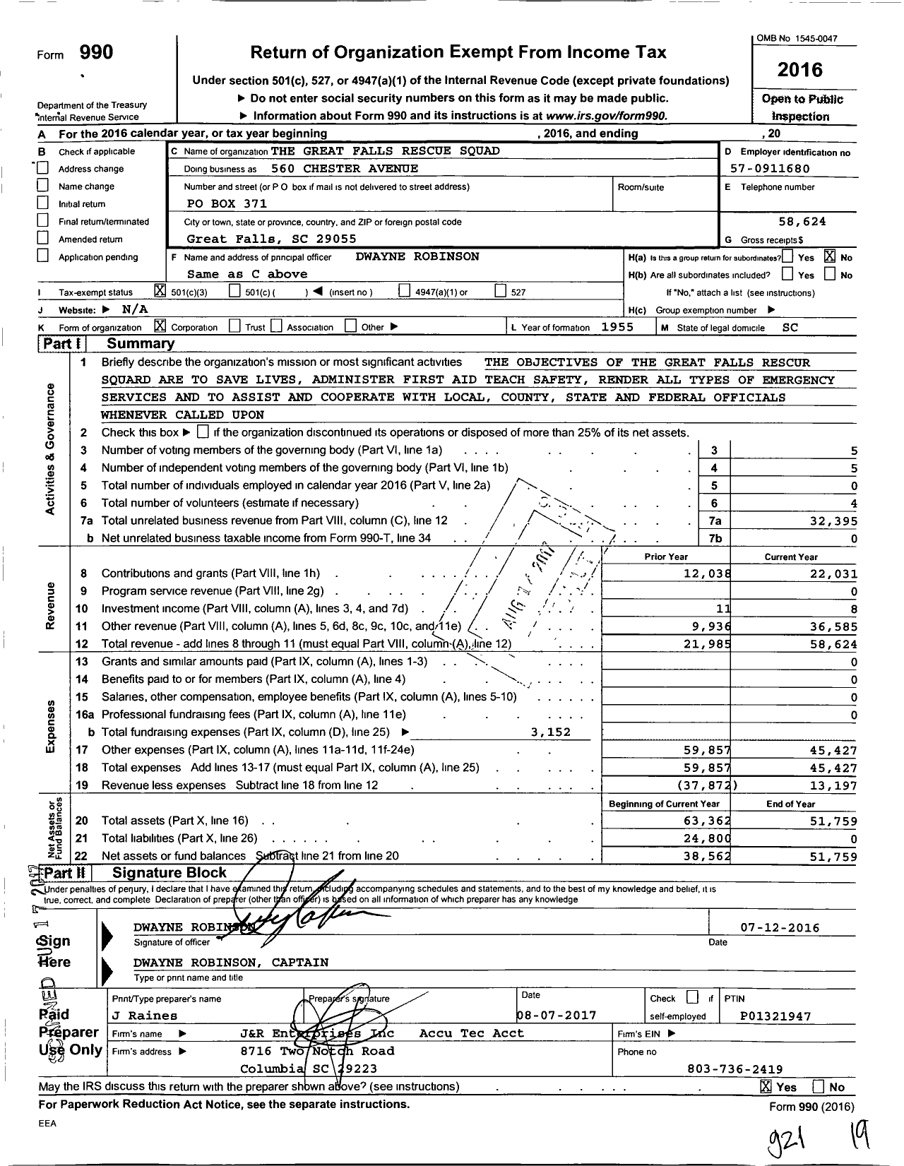 Image of first page of 2016 Form 990 for Great Falls Rescue Squad