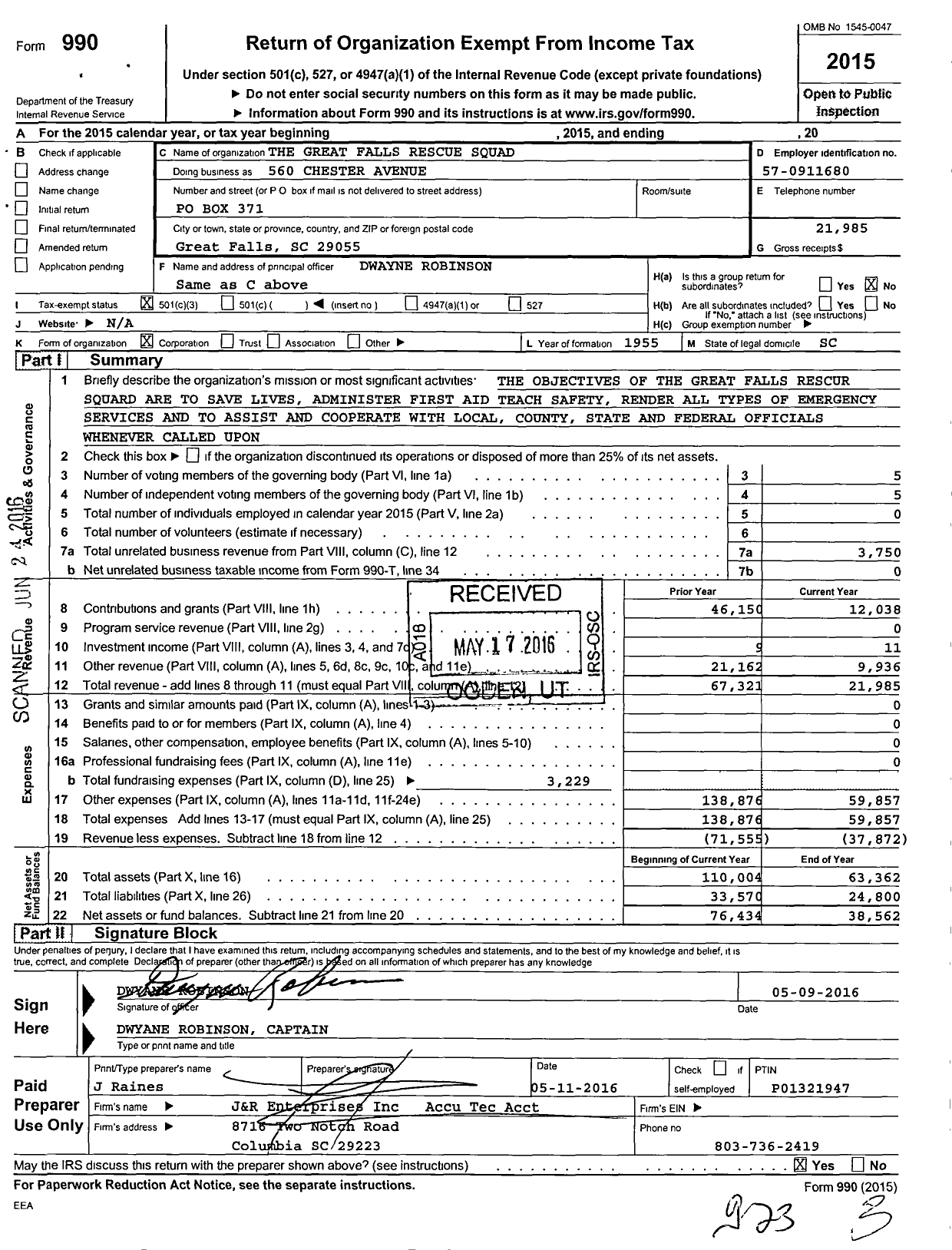 Image of first page of 2015 Form 990 for Great Falls Rescue Squad