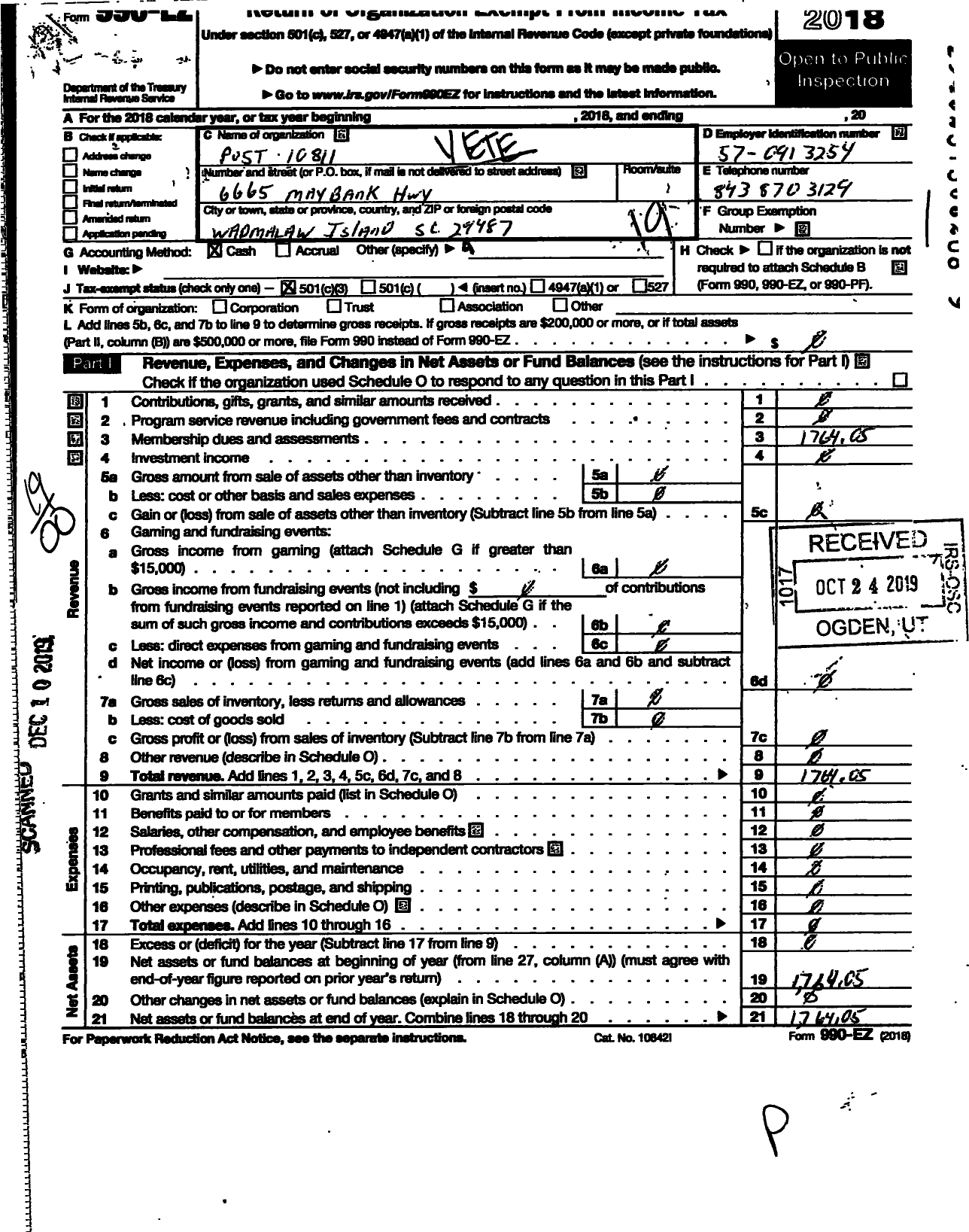 Image of first page of 2018 Form 990EO for Veterans of Foreign Wars of the United States Dept of So Carolina - 10811 Wadmalaw Island Post
