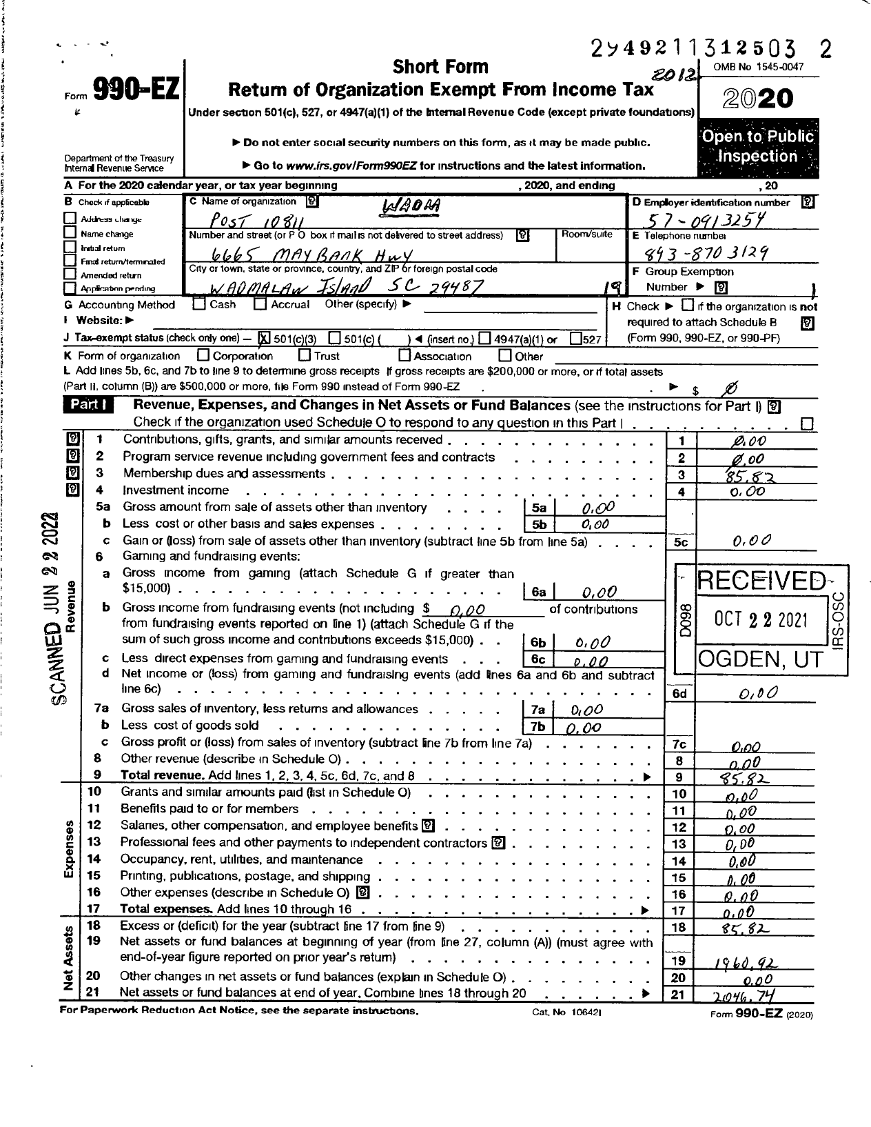Image of first page of 2020 Form 990EO for Veterans of Foreign Wars of the United States Dept of So Carolina - 10811 Wadmalaw Island Post