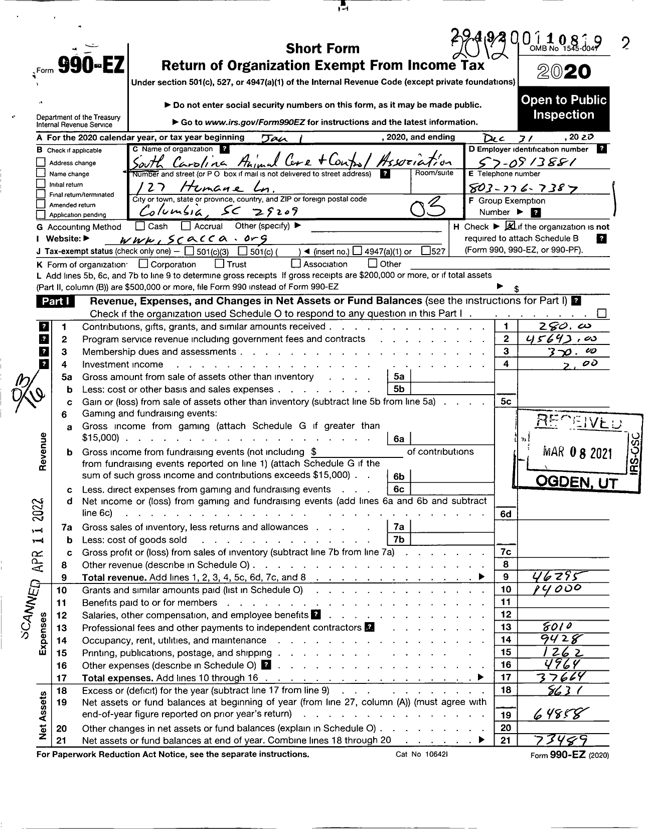 Image of first page of 2020 Form 990EZ for South Carolina ANIMAL CARE AND CONTROL ASSOCIATION