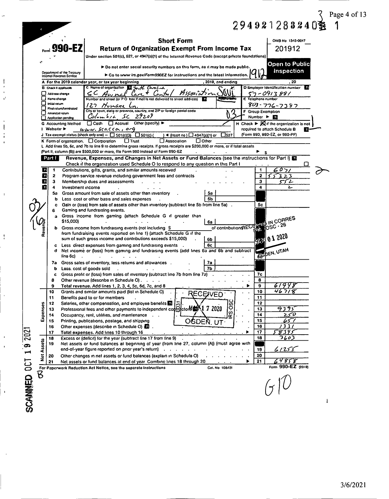 Image of first page of 2019 Form 990EZ for South Carolina ANIMAL CARE AND CONTROL ASSOCIATION