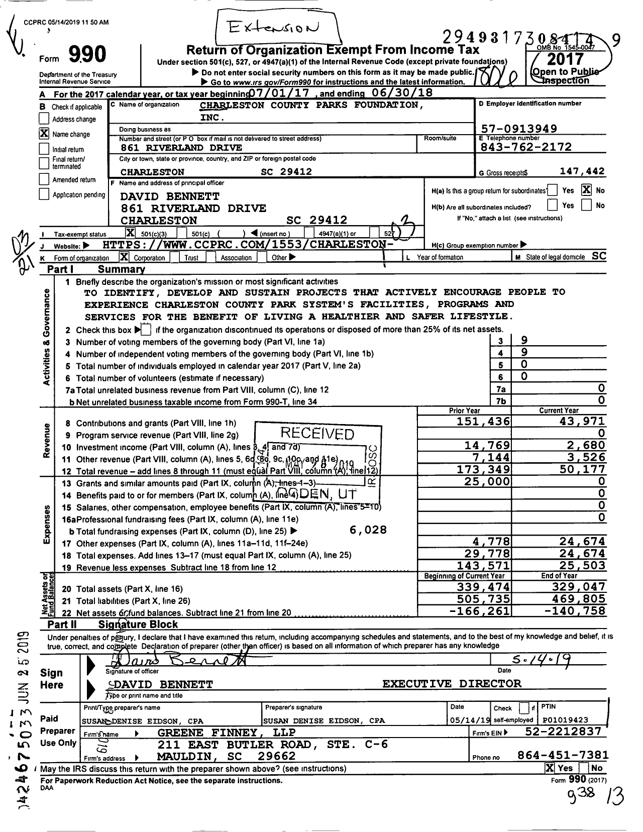 Image of first page of 2017 Form 990 for Charleston County Parks Foundation